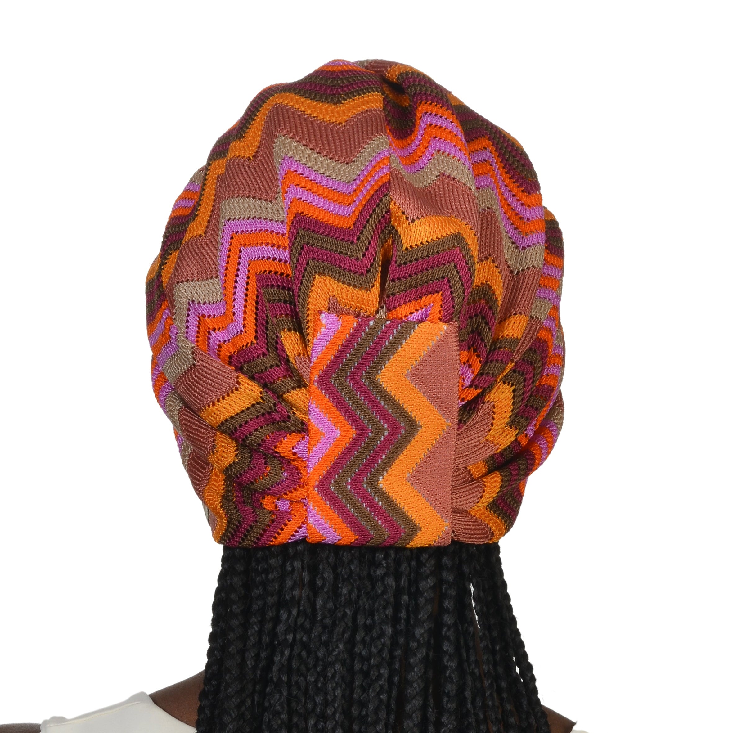 Barcelona Burgulu Bone - Turuncu Pembe Renkli - Zikzak Desenli Hafif Örme Kumaş