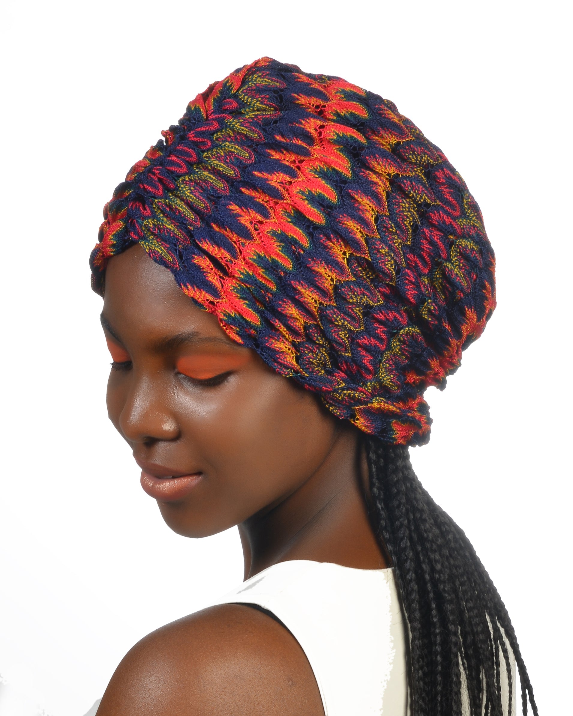 Milano Büzgülü Bone - Lacivert Turuncu Zikzak Desenli Örme Kumaş