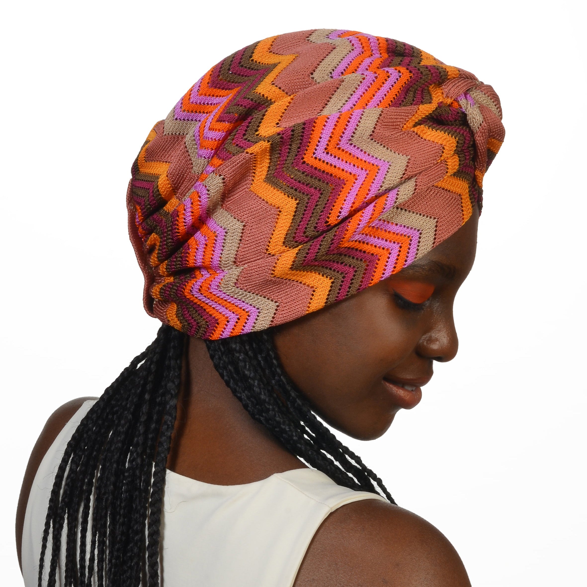 Barcelona Burgulu Bone - Turuncu Pembe Renkli - Zikzak Desenli Hafif Örme Kumaş