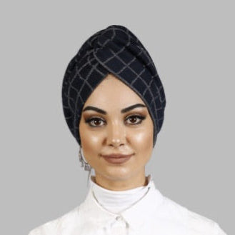 Square Patterned Glittery Bonnet - Stretchy Knit Fabric - Navy Blue - BitterColors