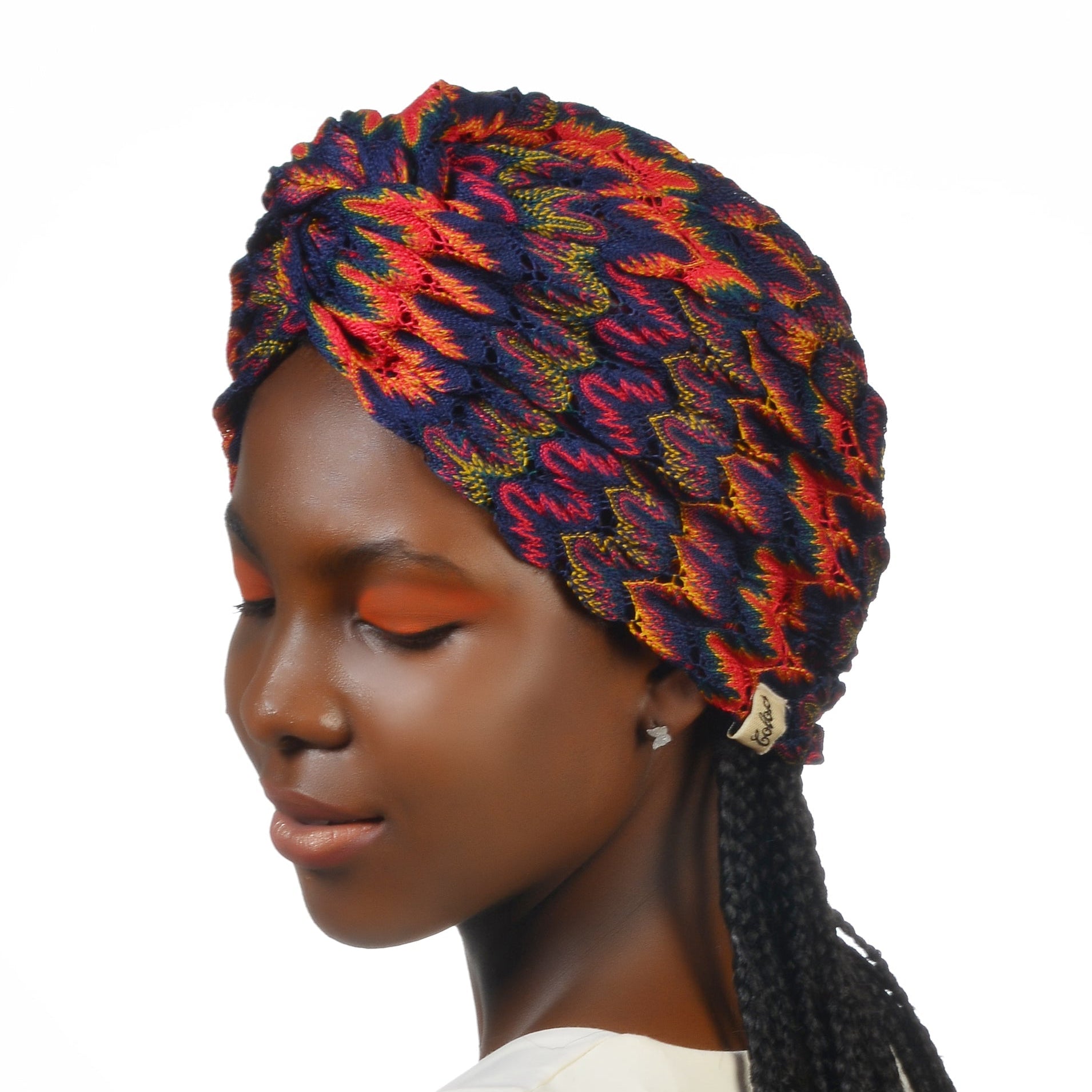 Barcelona Burgulu Bone - Lacivert Turuncu Zikzak Desenli Örme Kumaş