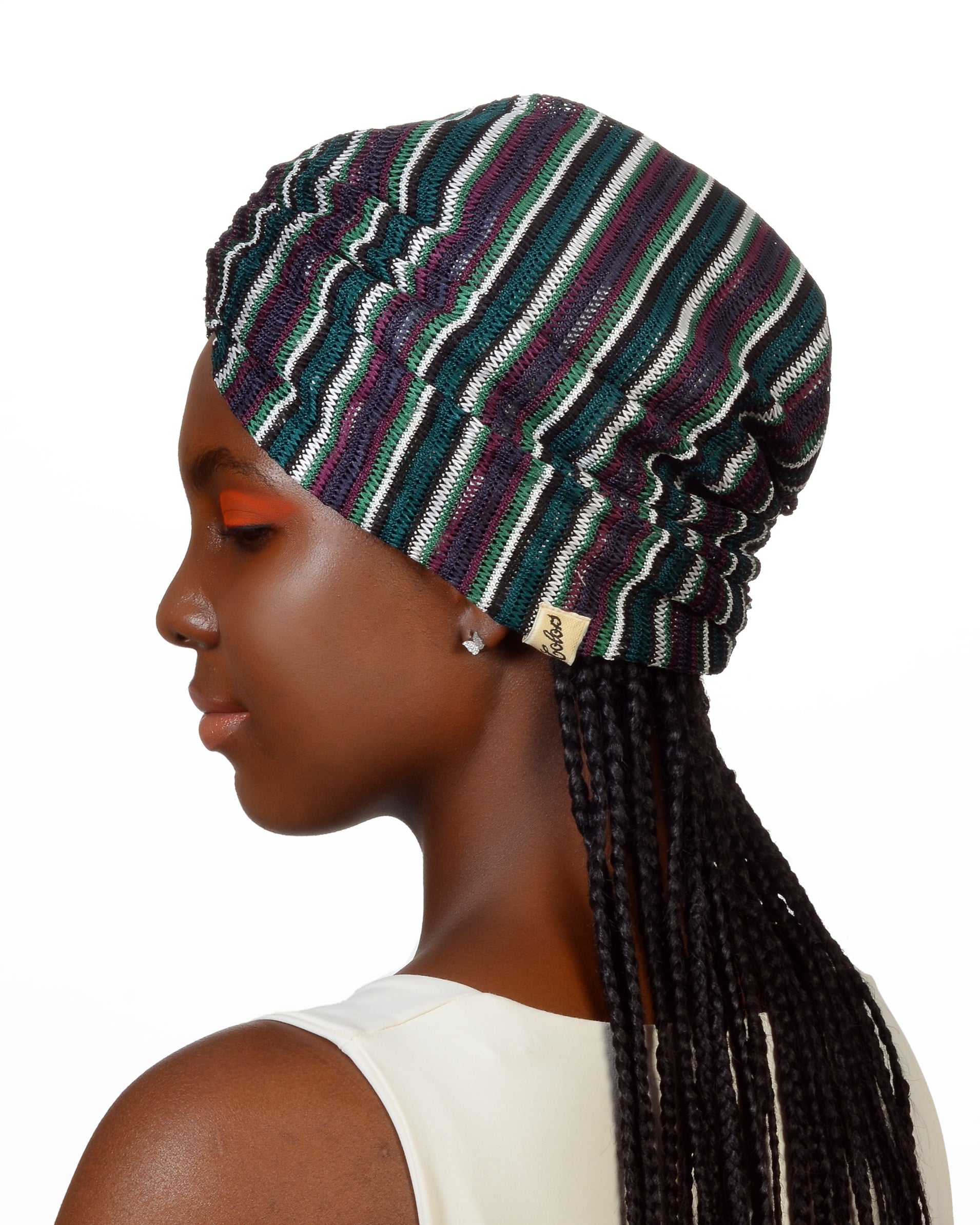 Milano Büzgülü Bone - Yeşil Mürdüm Çizgili Örme Kumaş