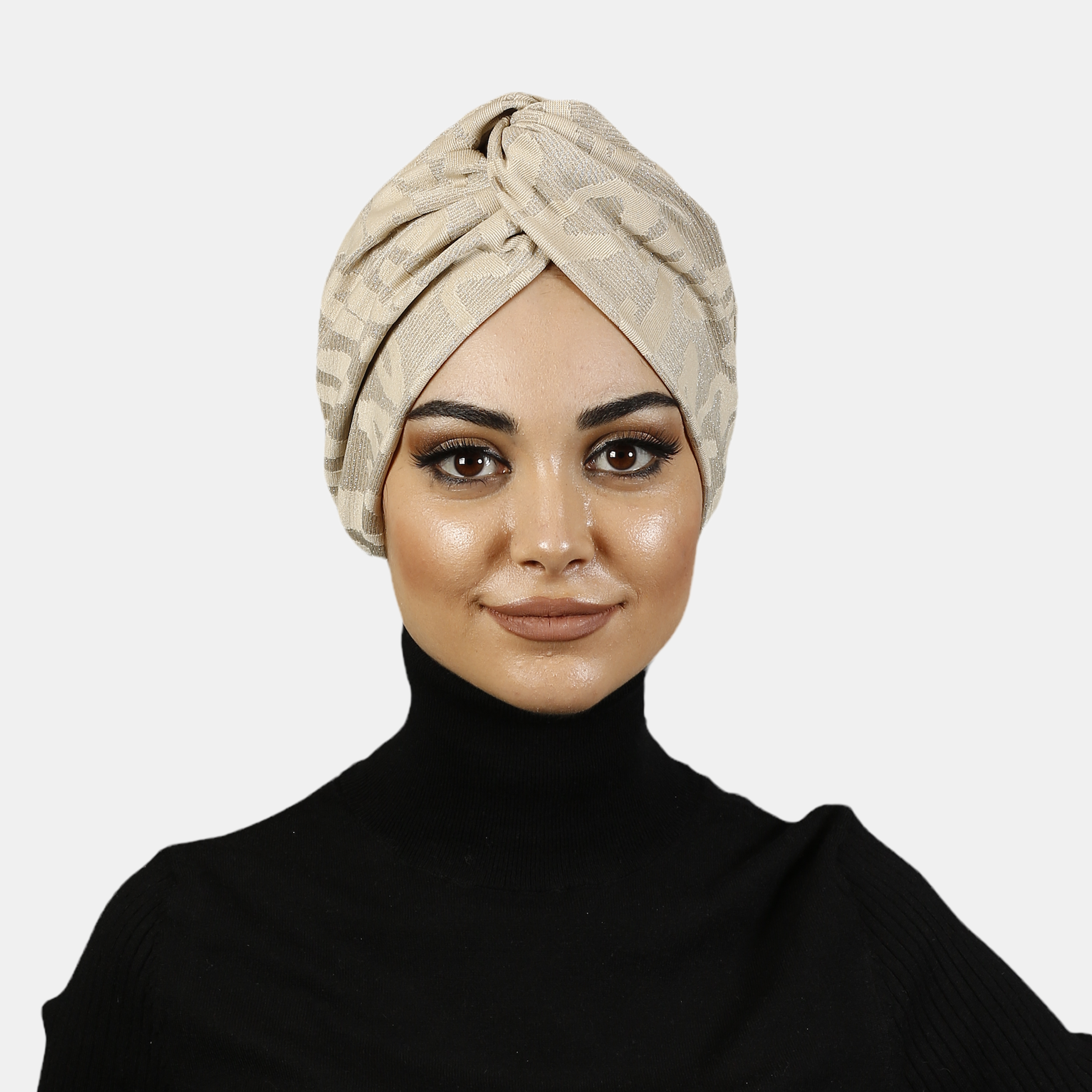 Barcelona Burgulu Bone - Simli Bej Örme Kumaş