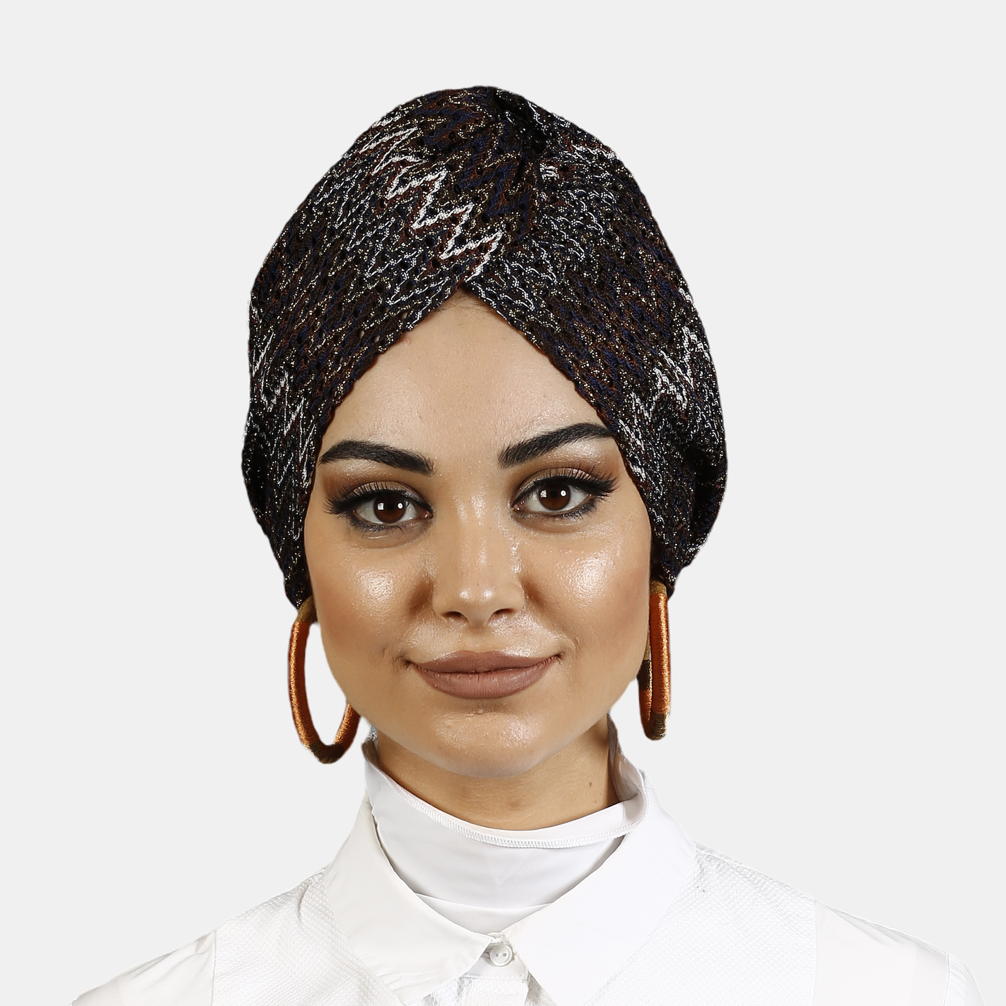 Barcelona Twisted Turban – Brown Zigzag Pattern Knit Fabric