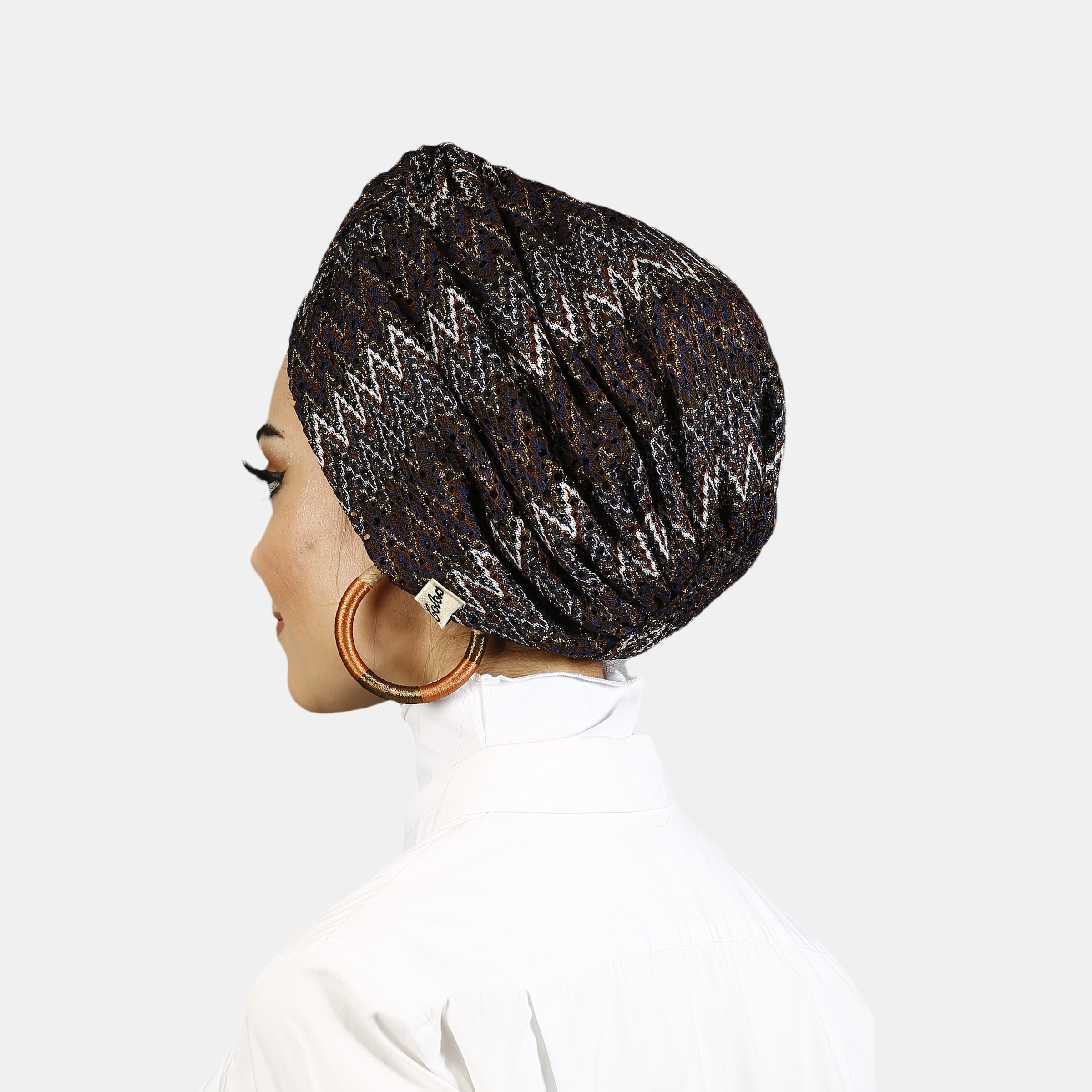 Barcelona Twisted Turban – Brown Zigzag Pattern Knit Fabric