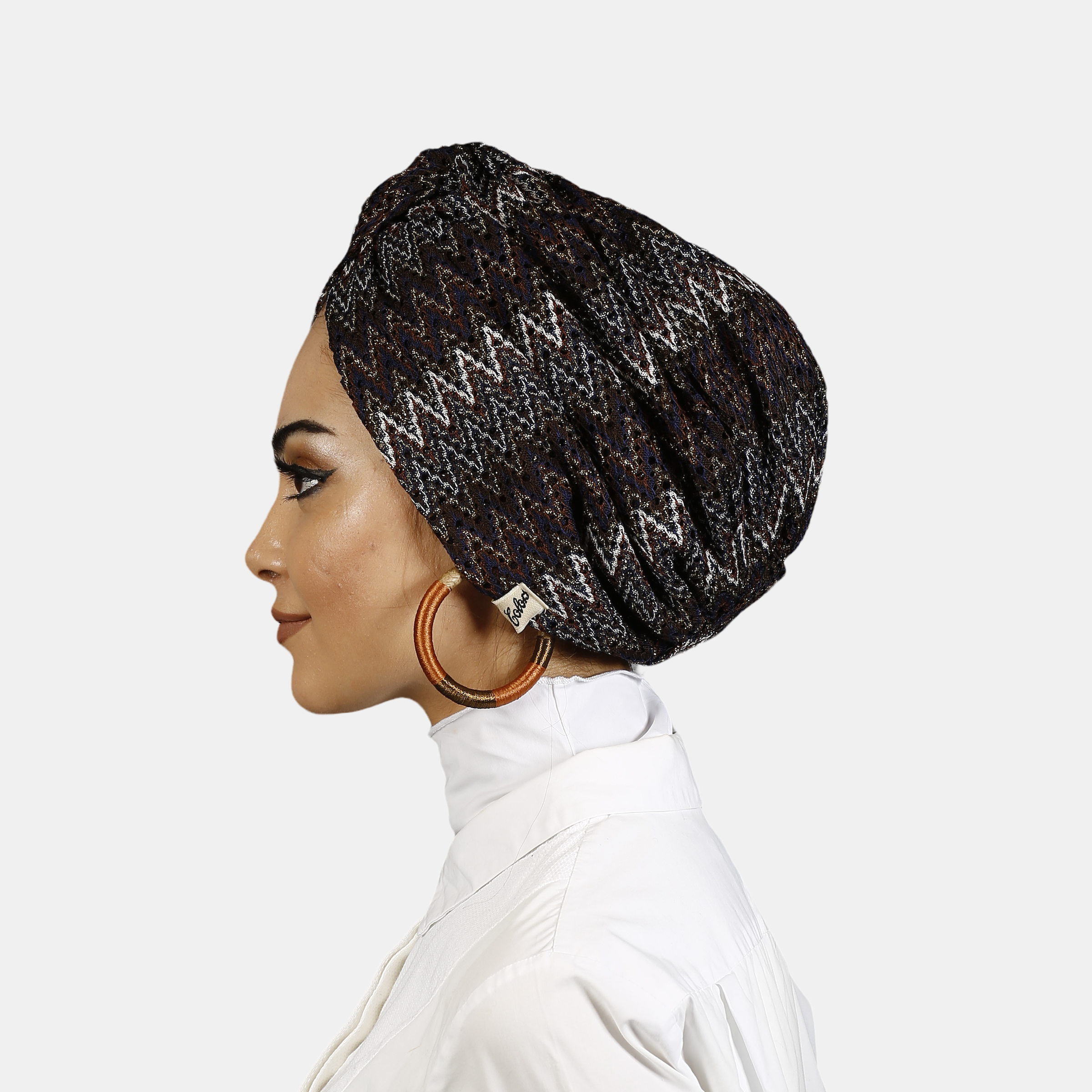 Barcelona Twisted Turban – Brown Zigzag Pattern Knit Fabric