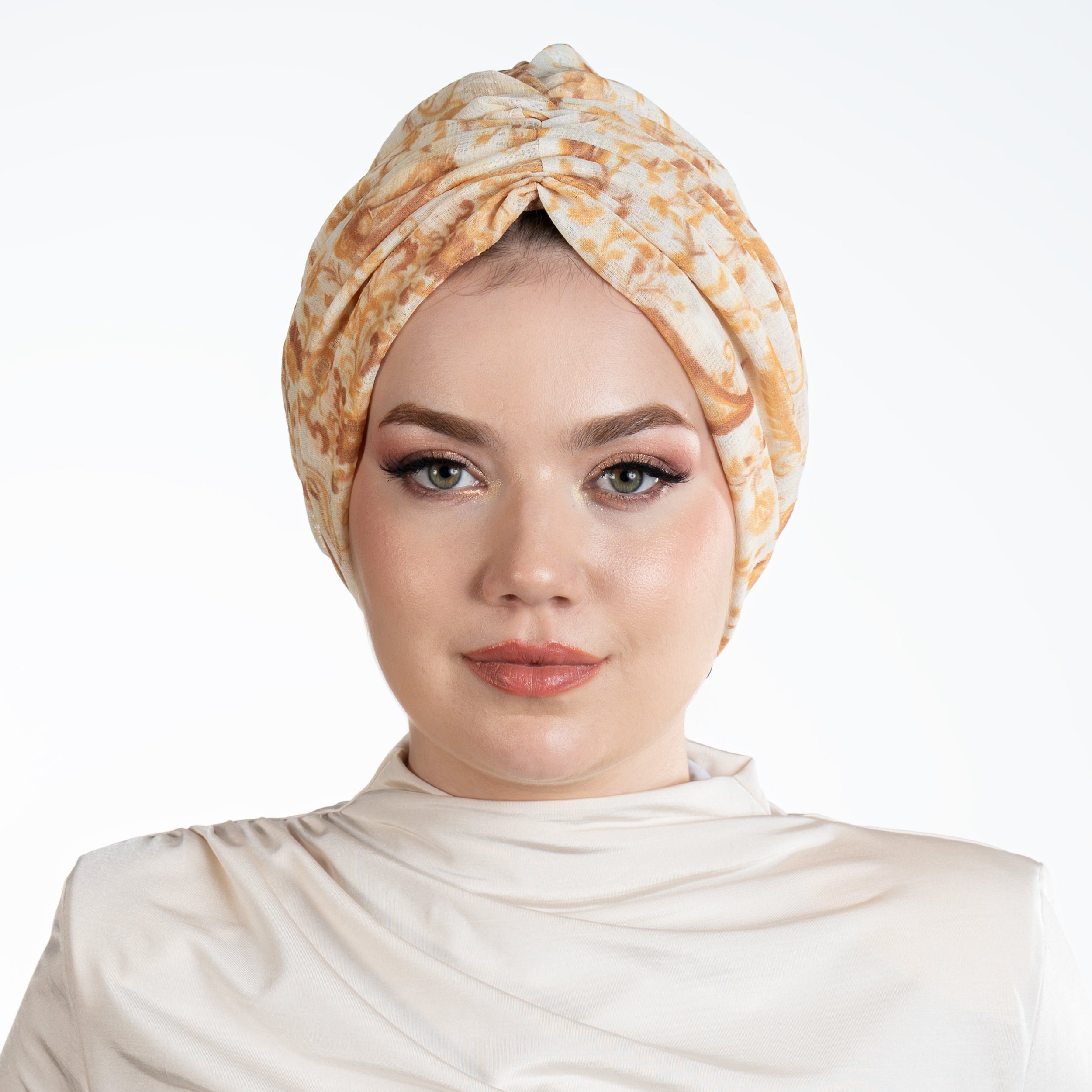 Milano Büzgülü Bone - Çiçek Desenli Keten Kumaş