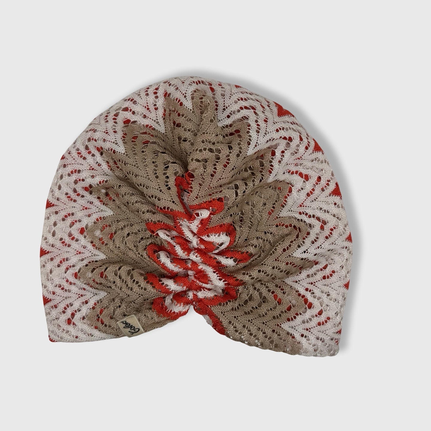 Milano Büzgülü Bone - Bej Mercan Renkli - Zikzak Desenli File Kumaş