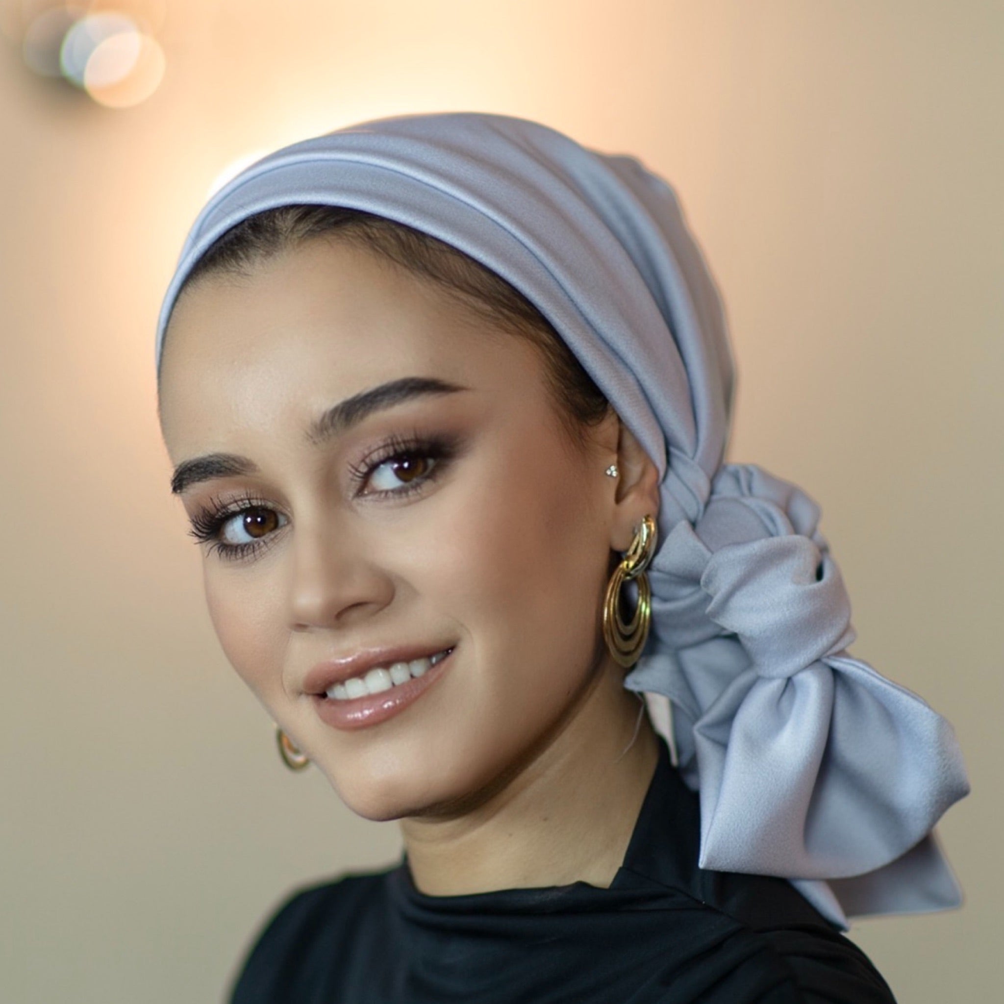 Dubai Bağlamalı Bone - Açık Gri - Krep Saten Kumaş