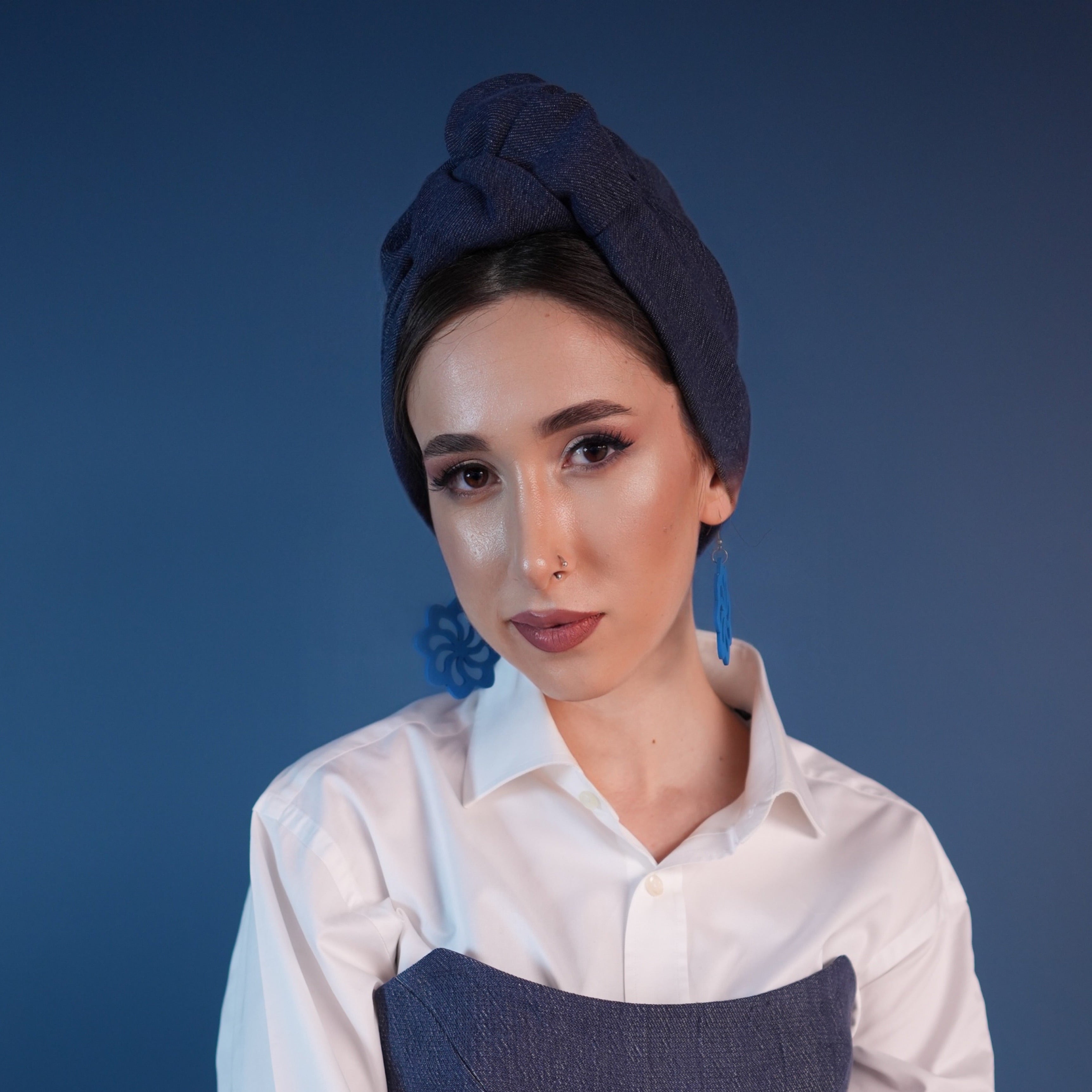 Venüs Düğümlü Bone - Mavi Renkli - Kot Kumaş