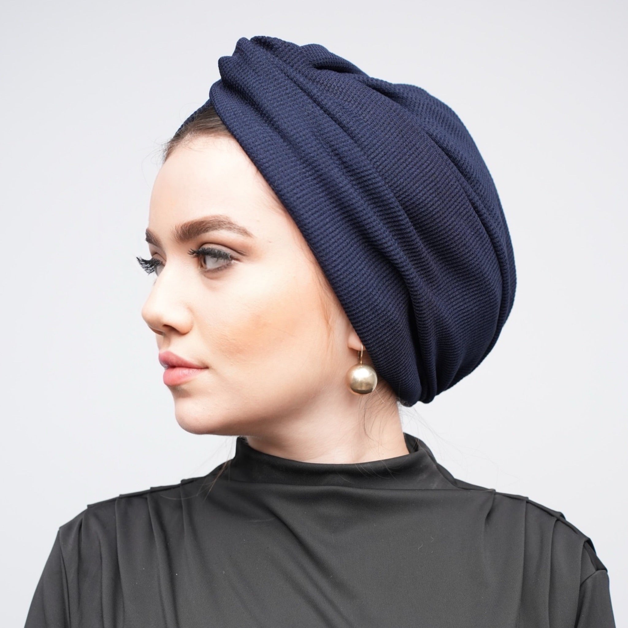 X Burgulu Büzgülü Bone - Lacivert - Esnek Örme Kumaş