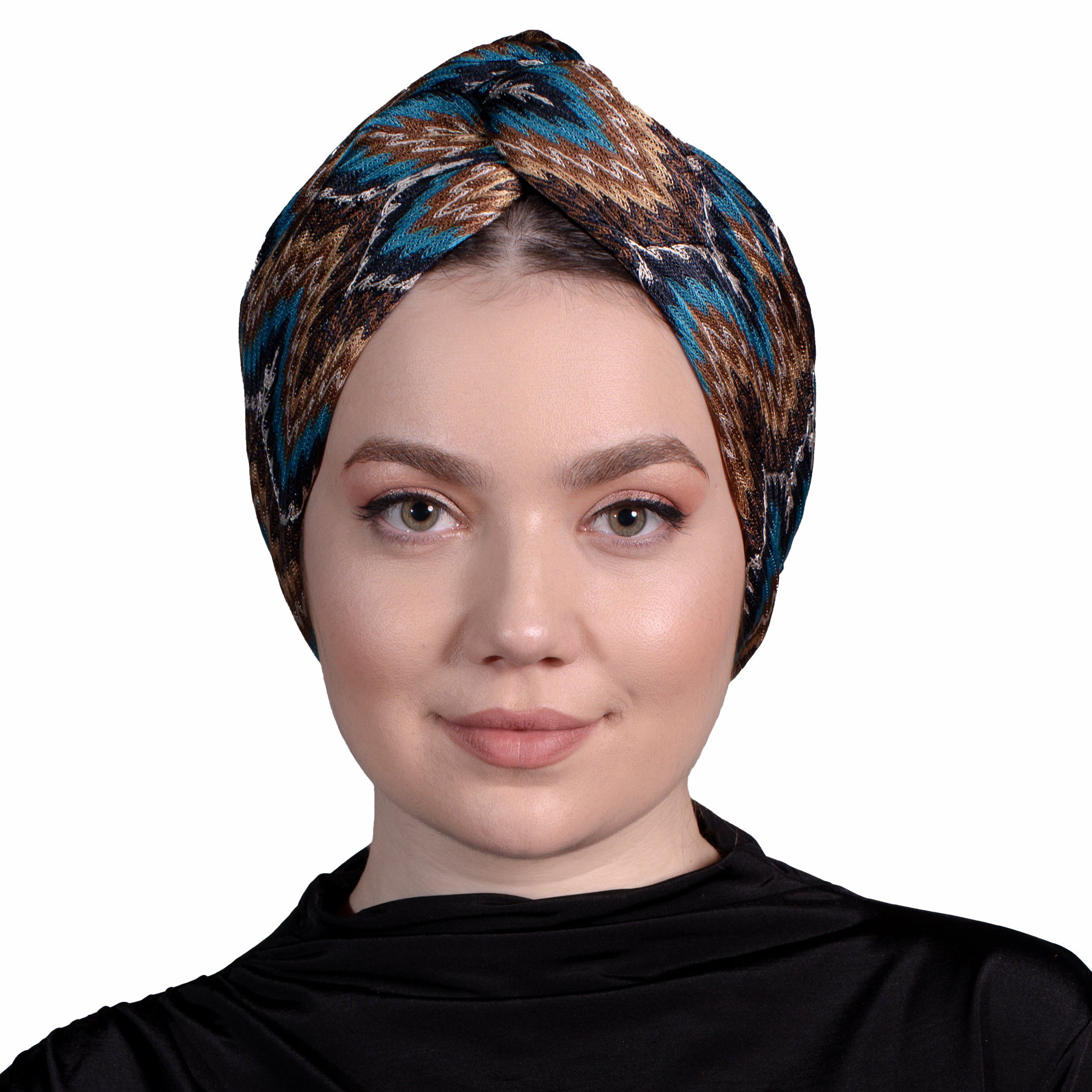 Barcelona Burgulu Bone - Kahve Mavi Renkli - Zikzak Desenli Hafif Örme Kumaş