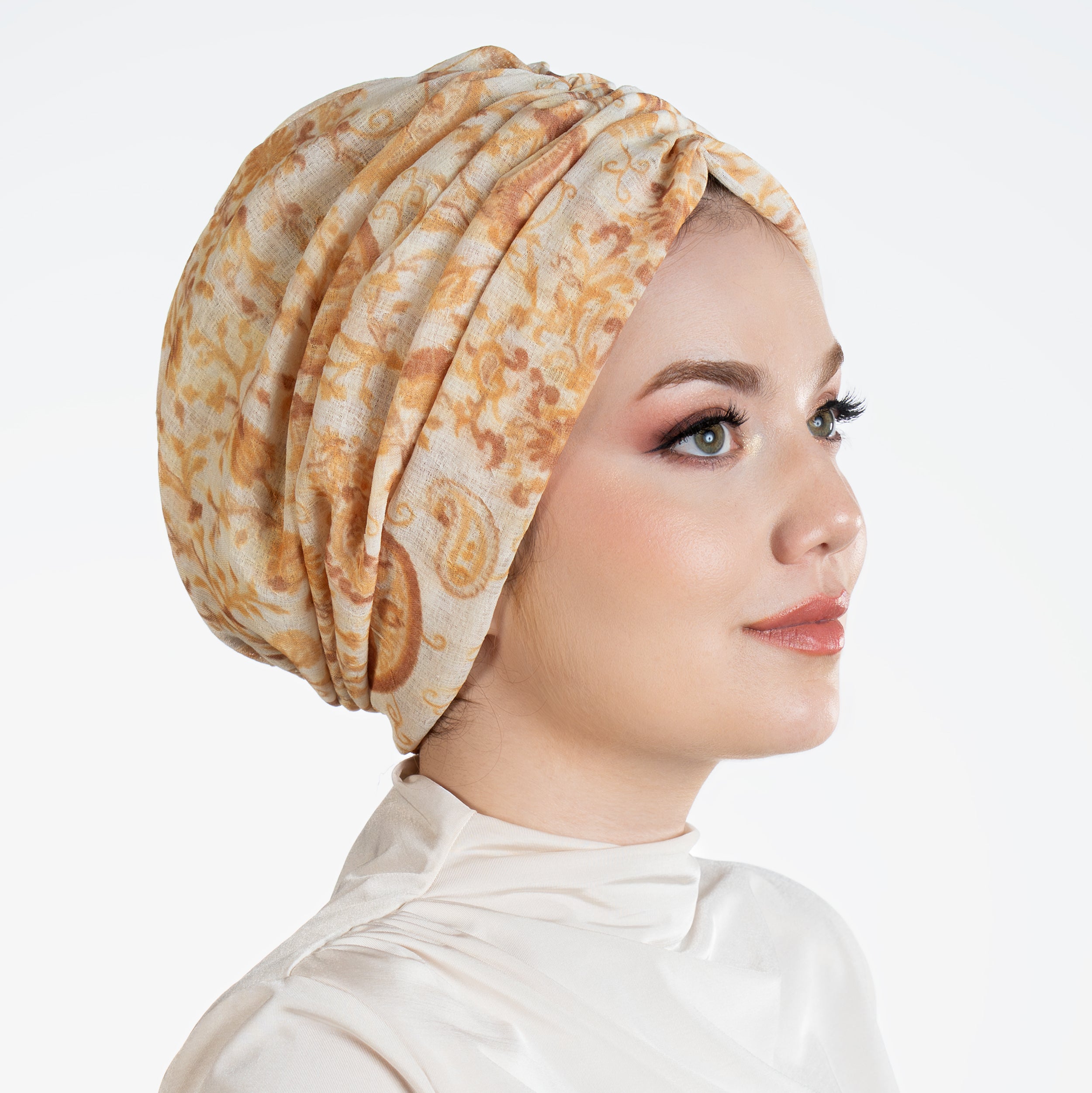 Milano Büzgülü Bone - Çiçek Desenli Keten Kumaş