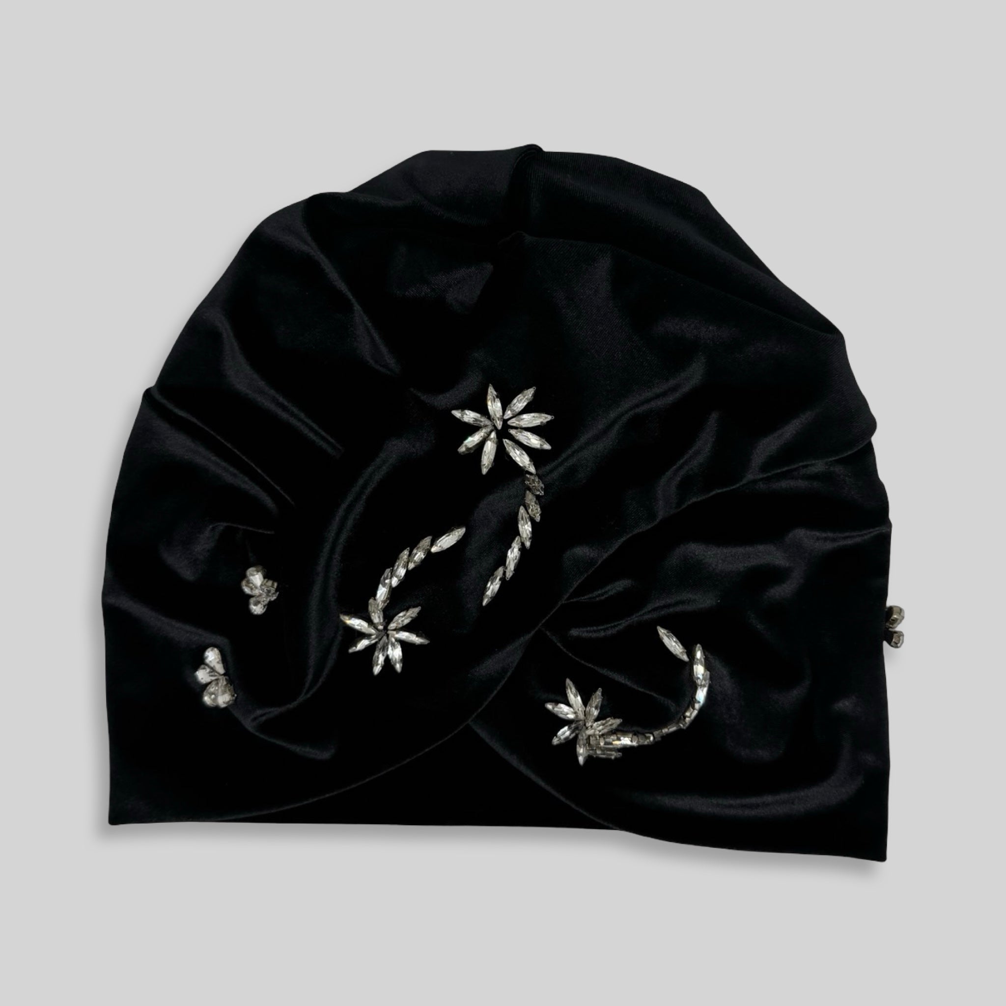 Paris Palmiye Motifli Taş İşlemeli Bone - Siyah Kadife Kumaş