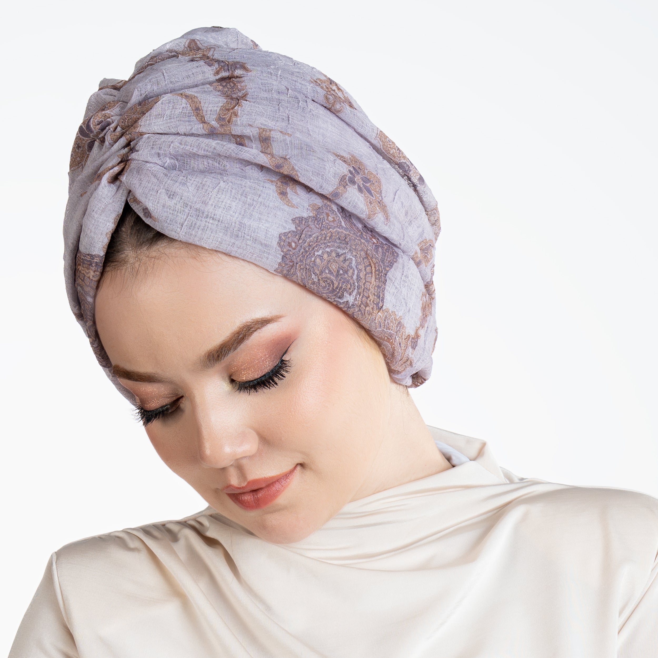 Milano Büzgülü Bone - Çiçek Desenli Keten Kumaş