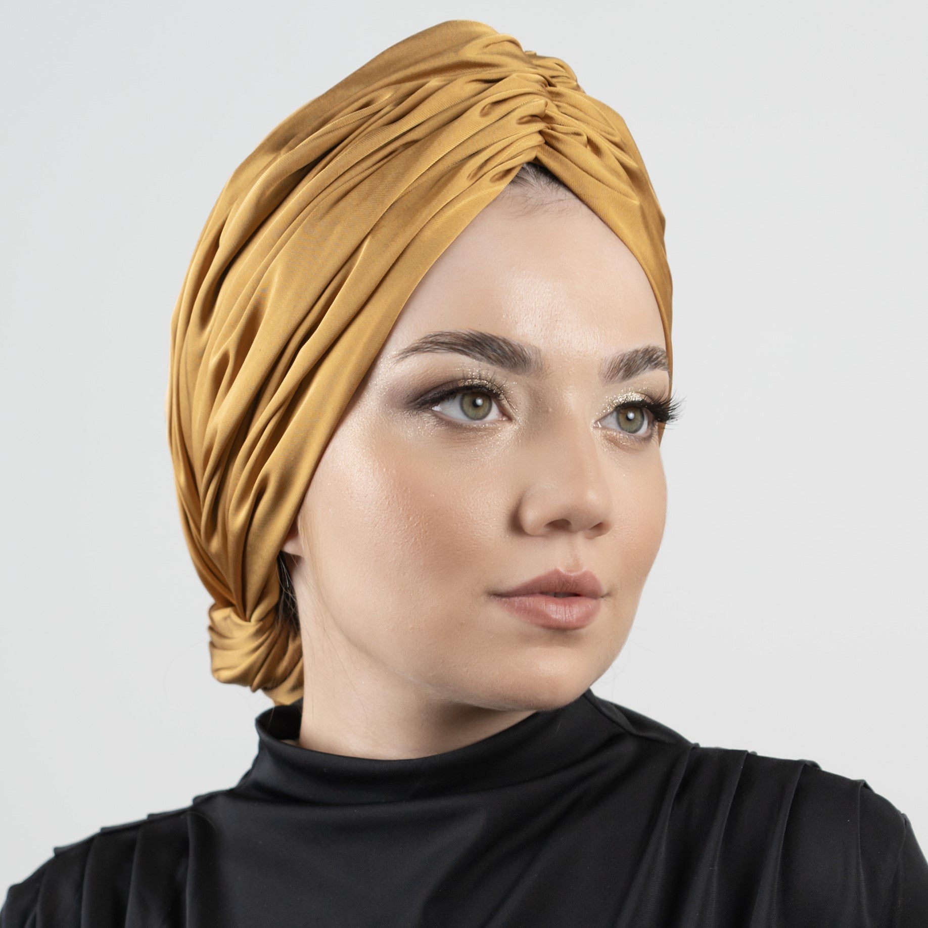 Beyrut Topuzlu Bone - Penye Astarlı - Hardal - Saten Kumaş