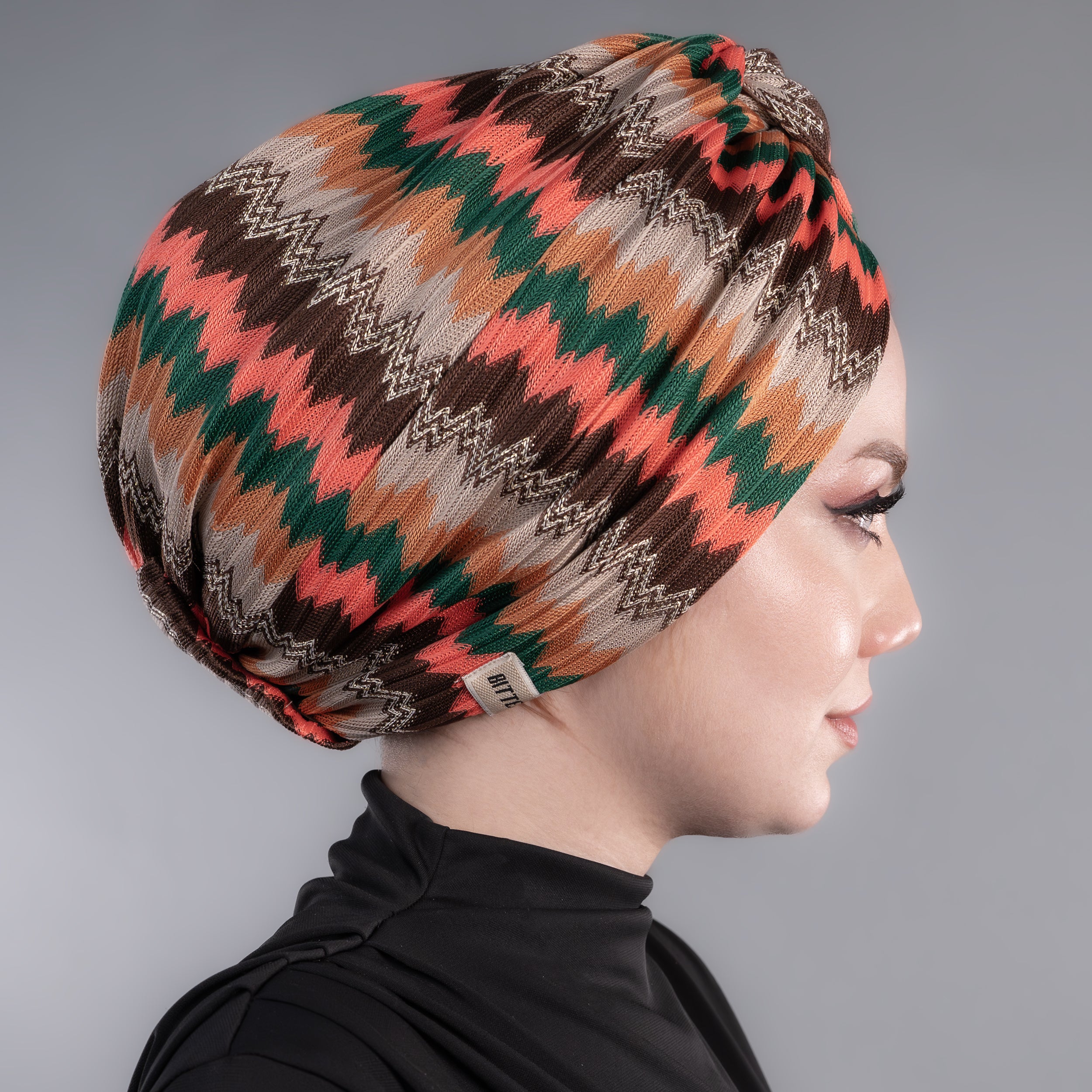 Barcelona Twisted Turban - Coral Zigzag Pattern Knit Fabric