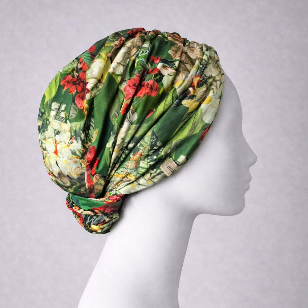 Beyrut Topuzlu Bone - Penye Astarlı - Çiçek Desenli Pamuk Kumaş