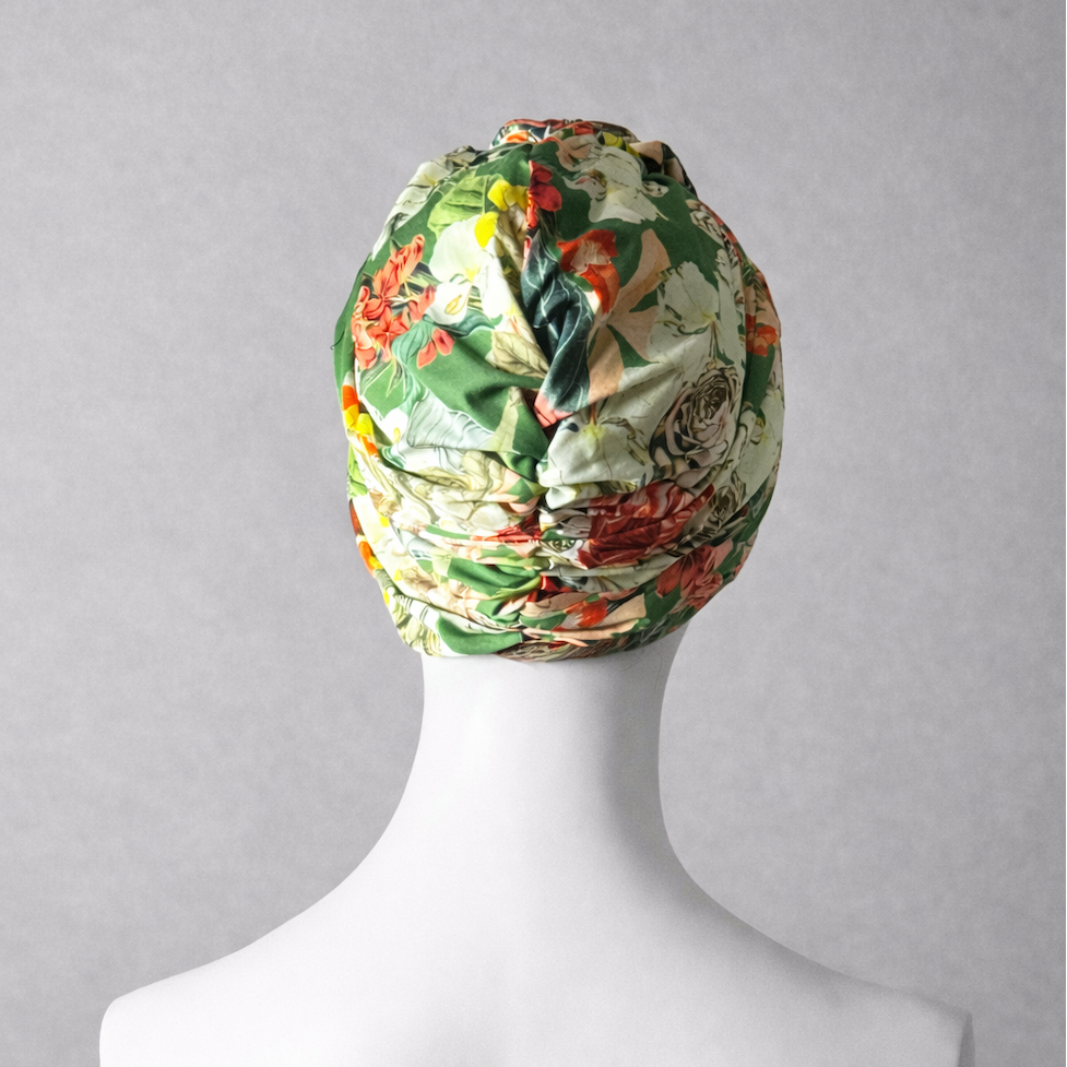 Beyrut Topuzlu Bone - Penye Astarlı - Çiçek Desenli Pamuk Kumaş