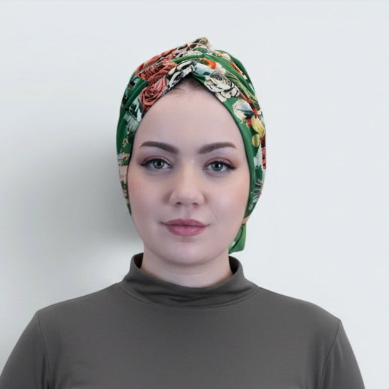 Beyrut Topuzlu Bone - Penye Astarlı - Çiçek Desenli Pamuk Kumaş