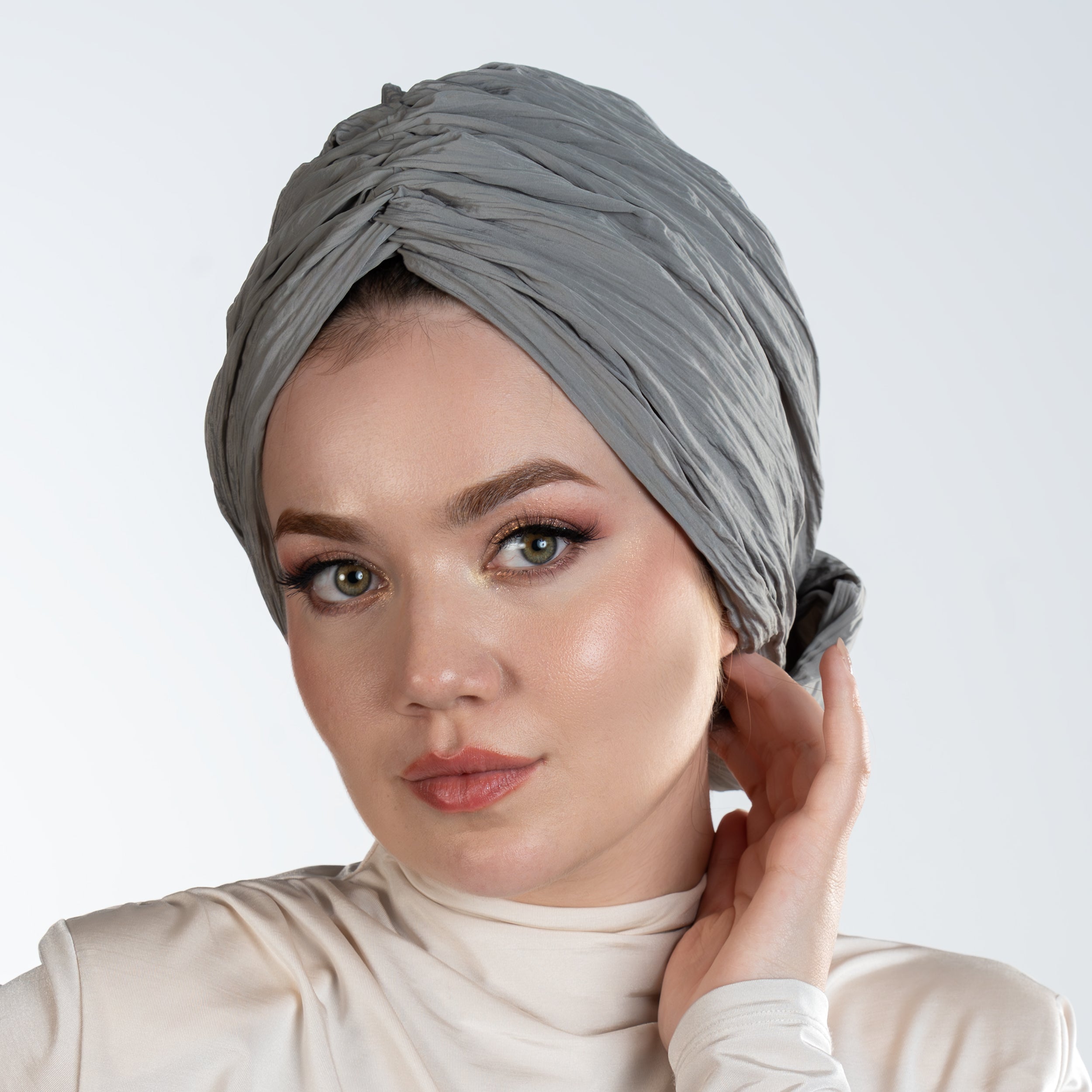 Beyrut Topuzlu Bone - Penye Astarlı - Gri Krinkıl Kumaş