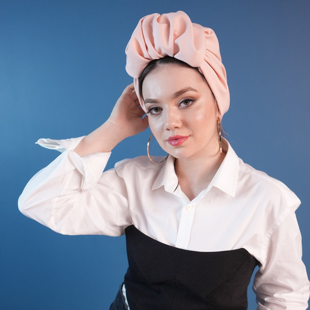 Beyrut Topuzlu Bone - Penye Astarlı - Somon Krep Kumaş