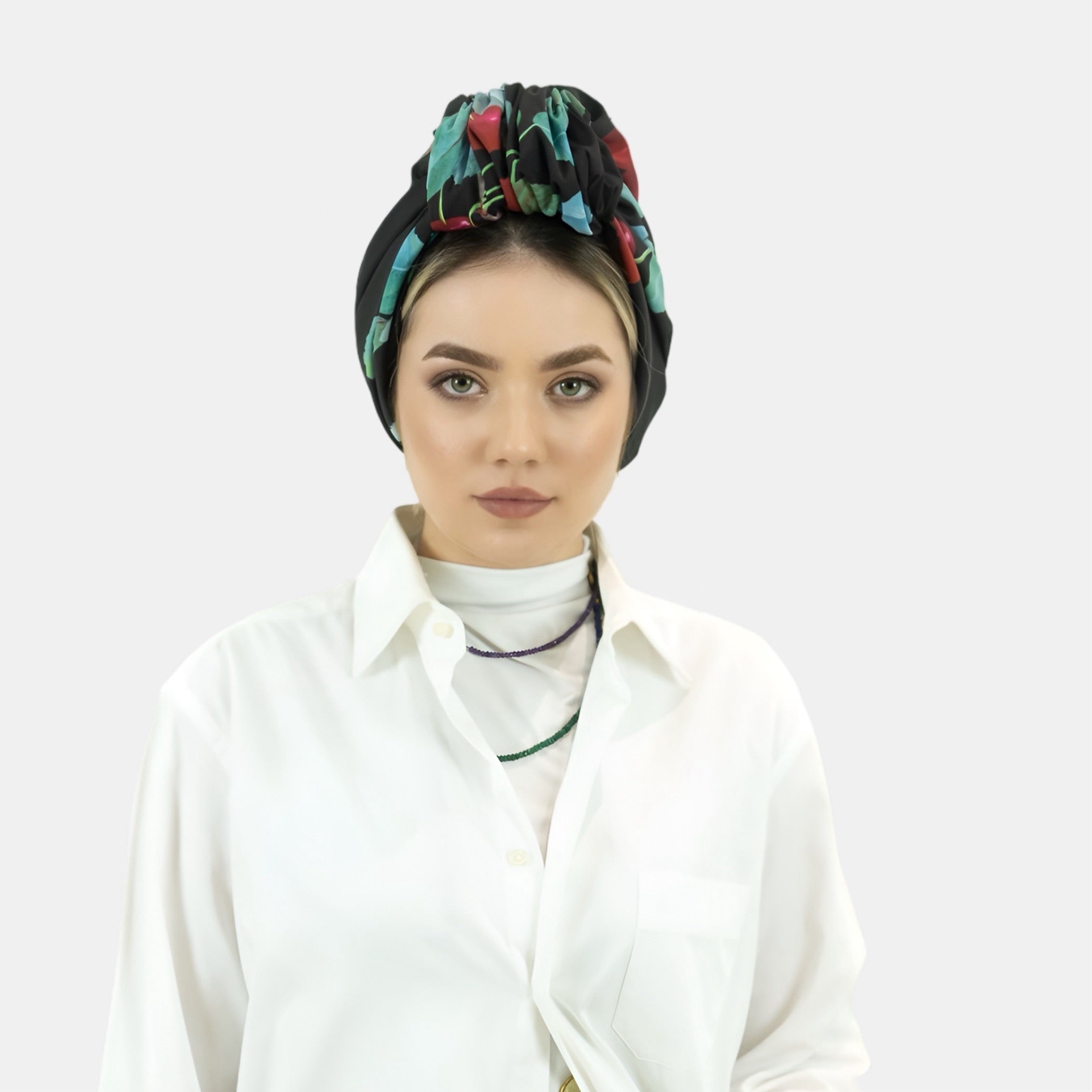 Beyrut Topuzlu Bone - Penye Astarlı - Kiraz Desenli Cupra Kumaş