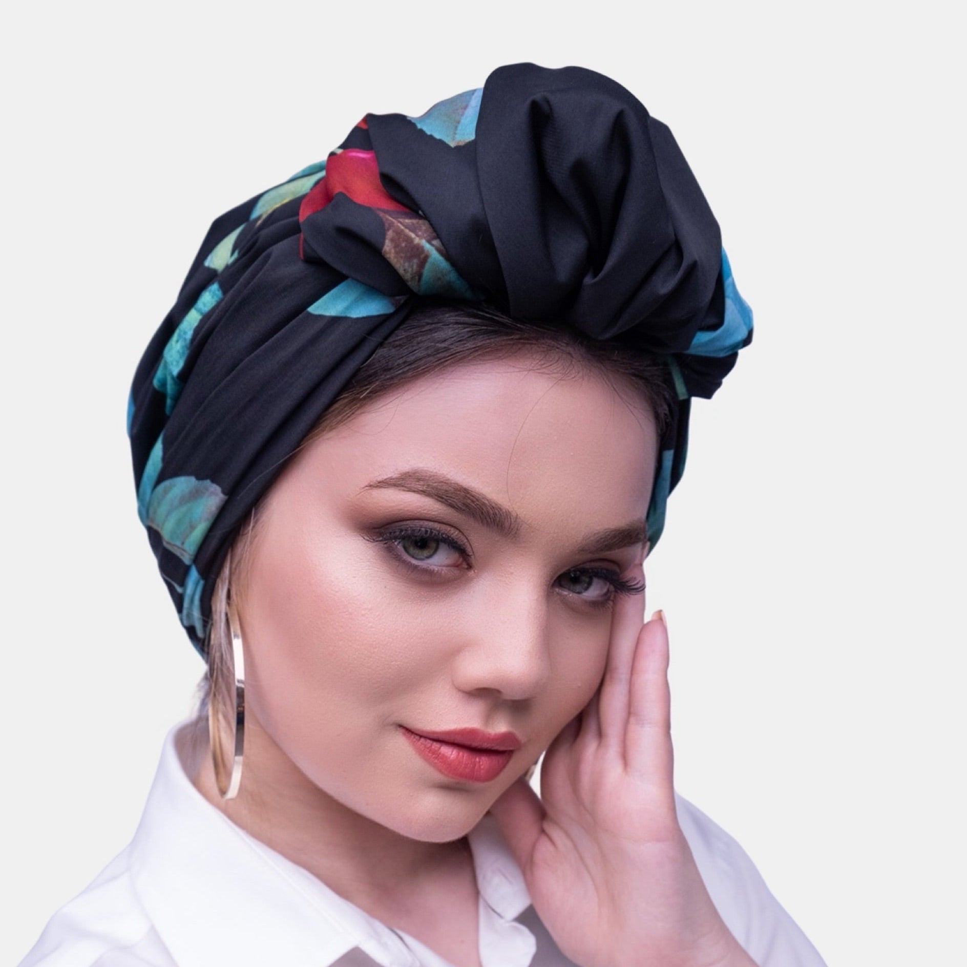 Beyrut Topuzlu Bone - Penye Astarlı - Kiraz Desenli Cupra Kumaş