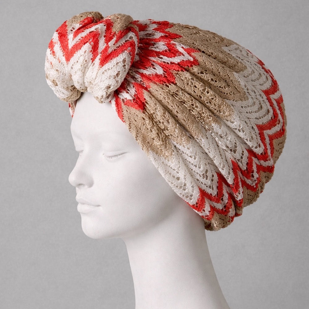 Beyrut Topuzlu Bone - Penye Astarlı - Bej Mercan Zikzak Desenli Kumaş