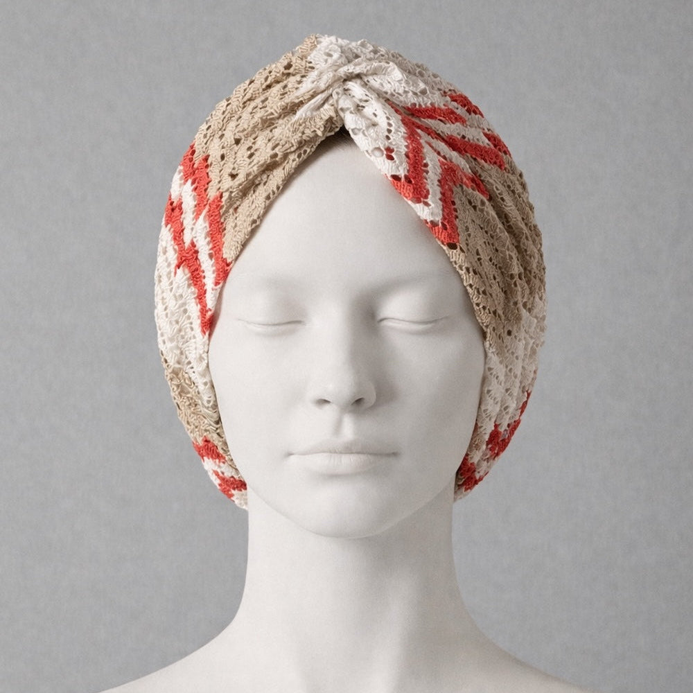 Beyrut Topuzlu Bone - Penye Astarlı - Bej Mercan Zikzak Desenli Kumaş