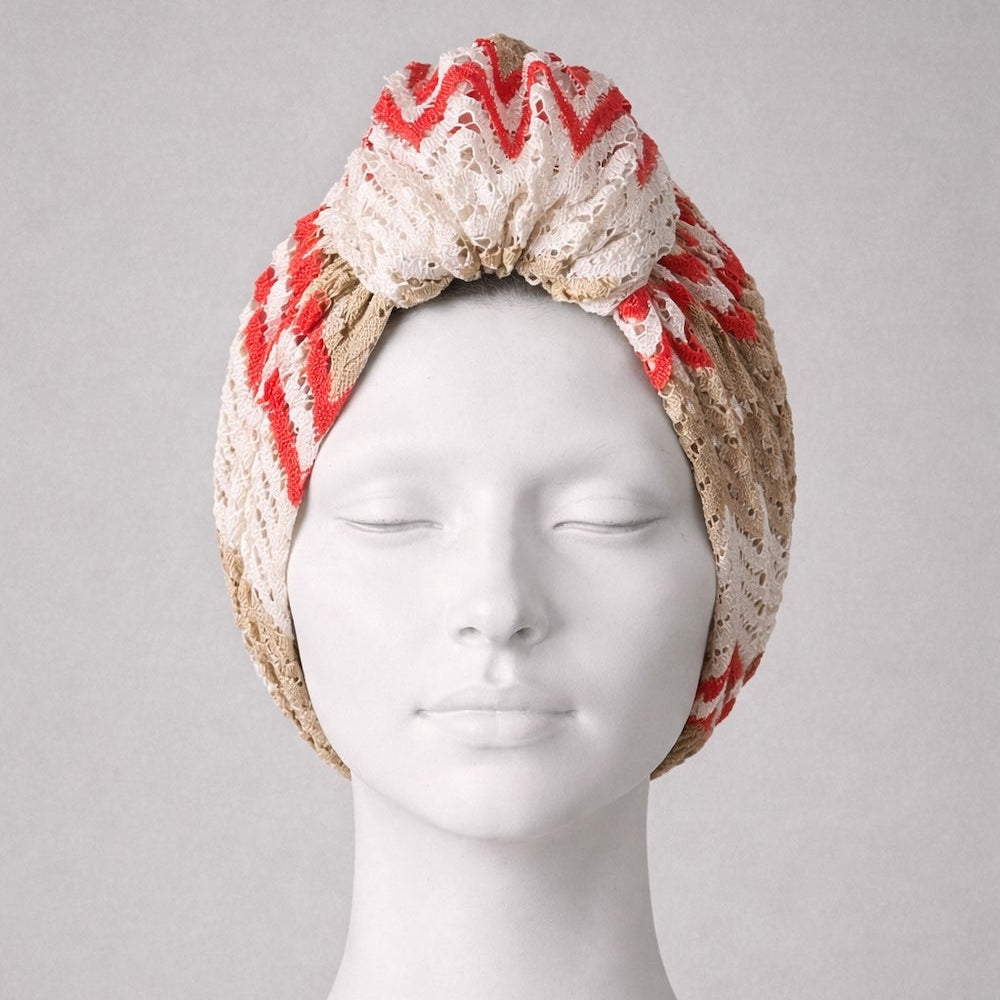 Beyrut Topuzlu Bone - Penye Astarlı - Bej Mercan Zikzak Desenli Kumaş