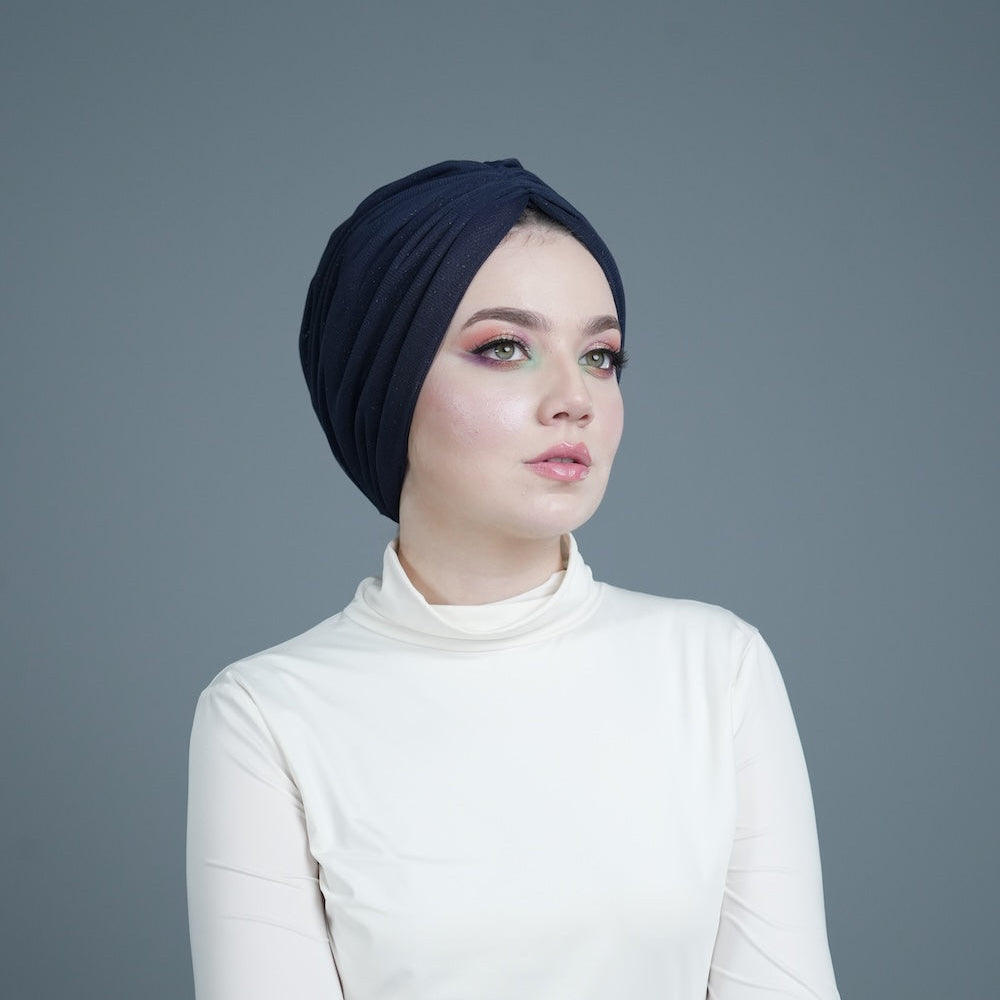 Milano Büzgülü Bone - Tül Katmanlı - Simli Lacivert Kumaş