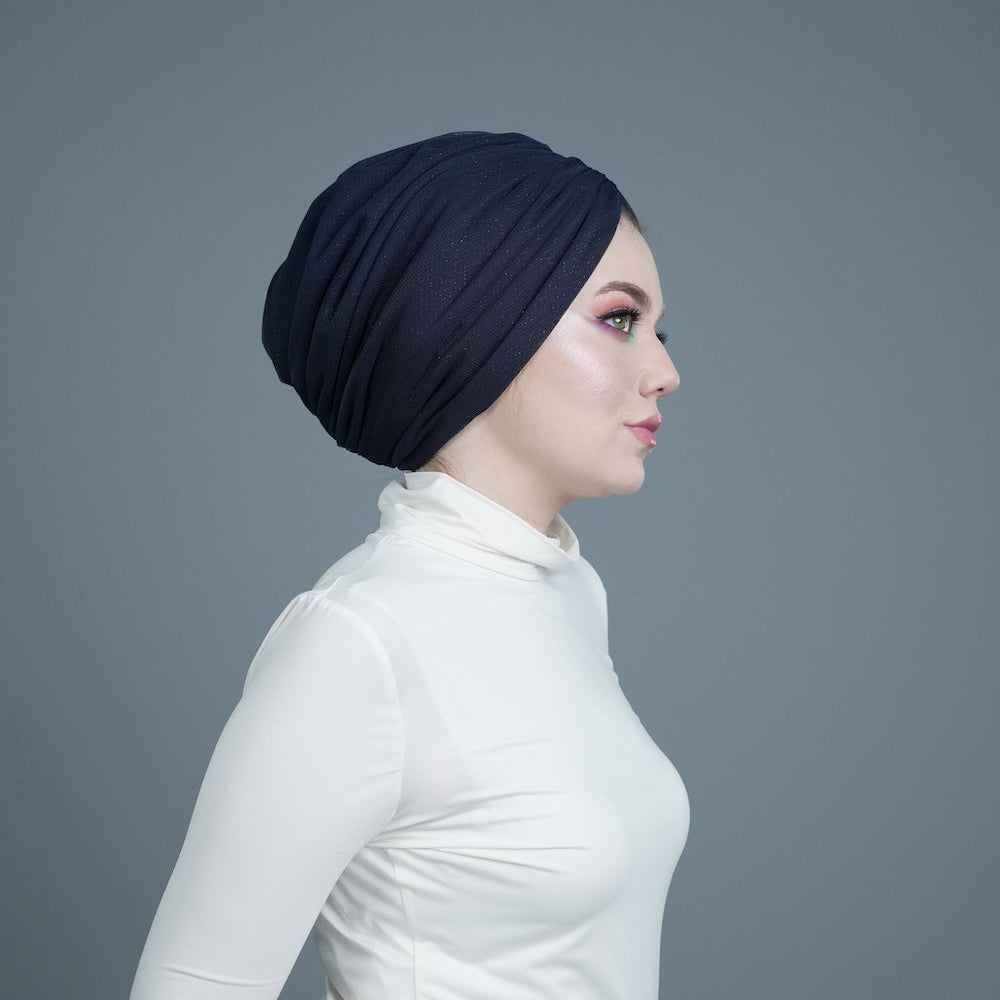 Milano Büzgülü Bone - Tül Katmanlı - Simli Lacivert Kumaş