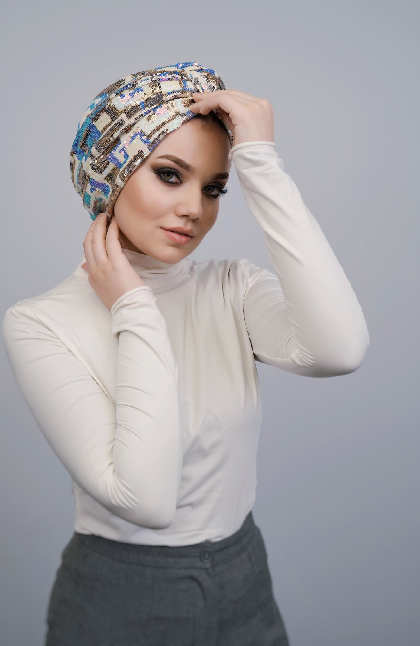 Roma Pul Payet Geometrik Desen Bone / Rome Sequin Turban