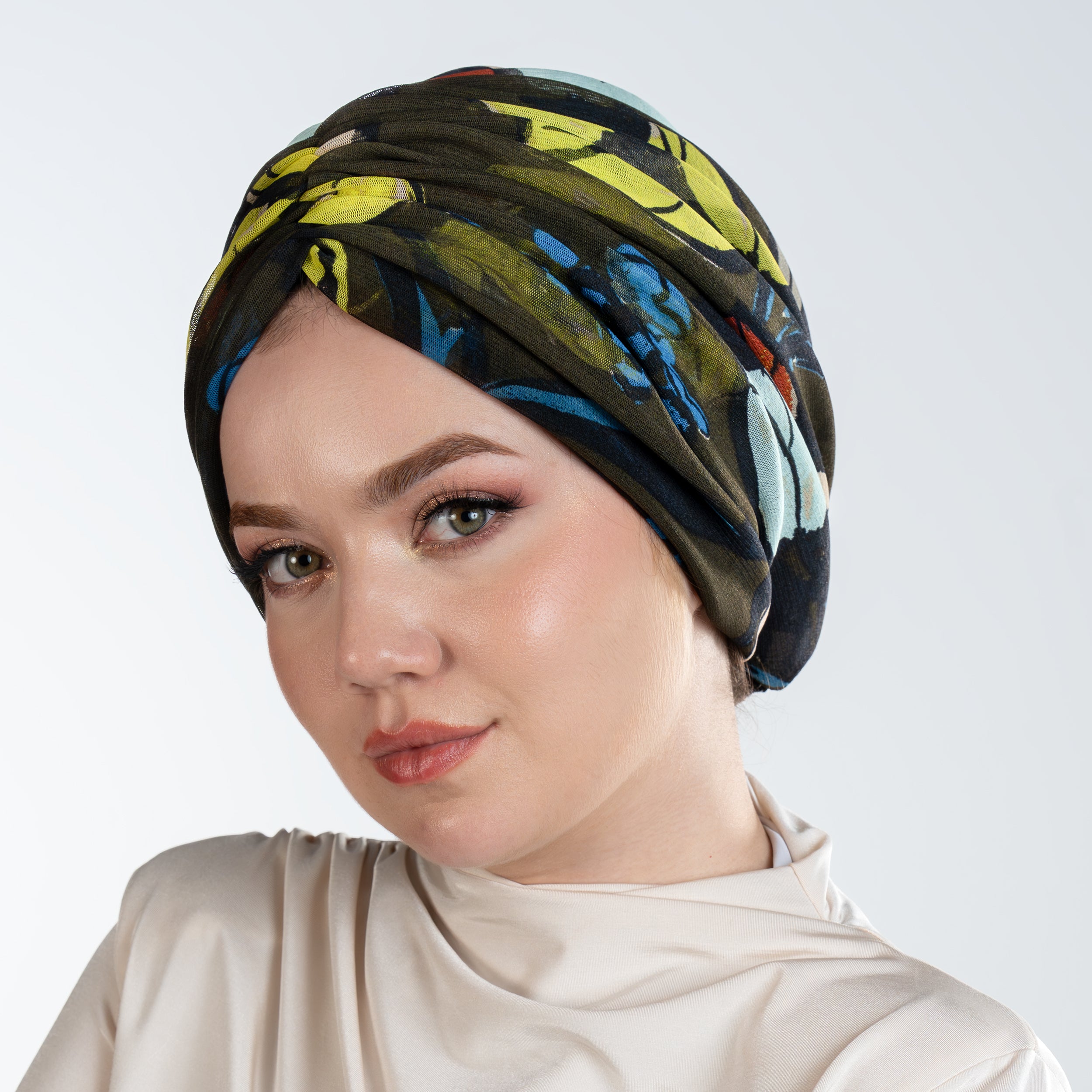 Milano Büzgülü Bone - Çiçek Desenli Tül Kumaş