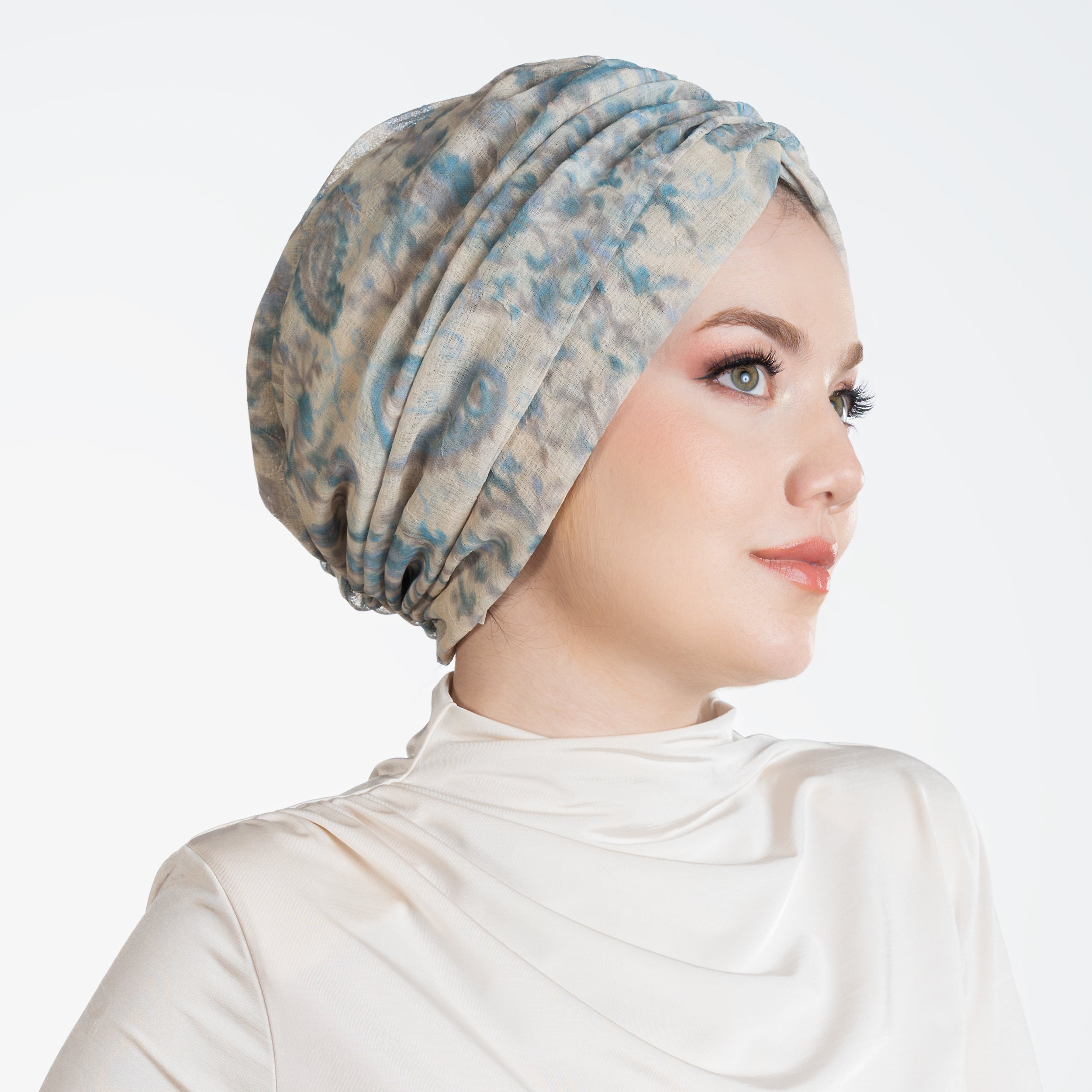 Milano Büzgülü Bone - Çiçek Desenli Keten Kumaş