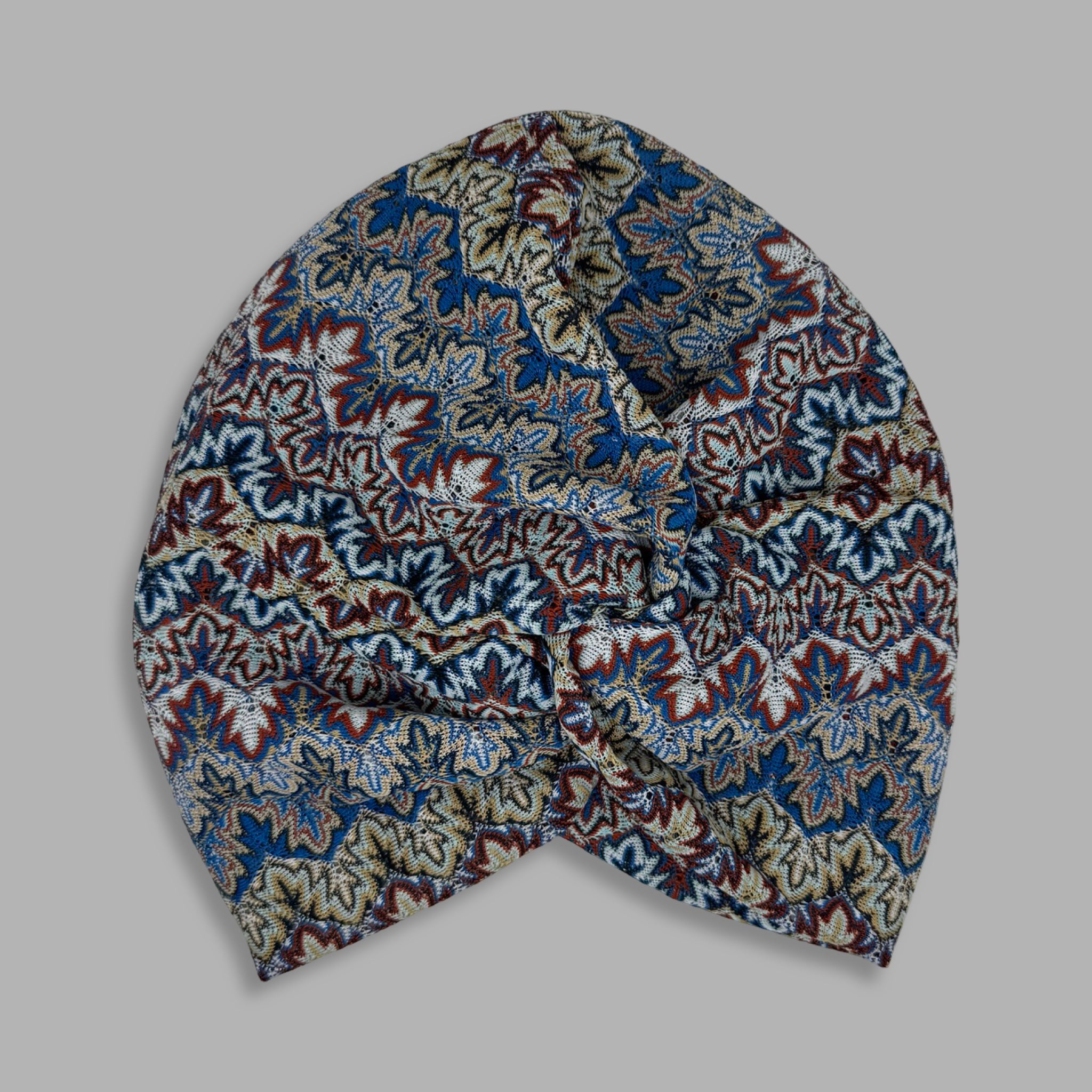 X Burgulu Büzgülü Bone - Mavi Renkli - Nova Zikzak Desenli Hafif Örme Kumaş