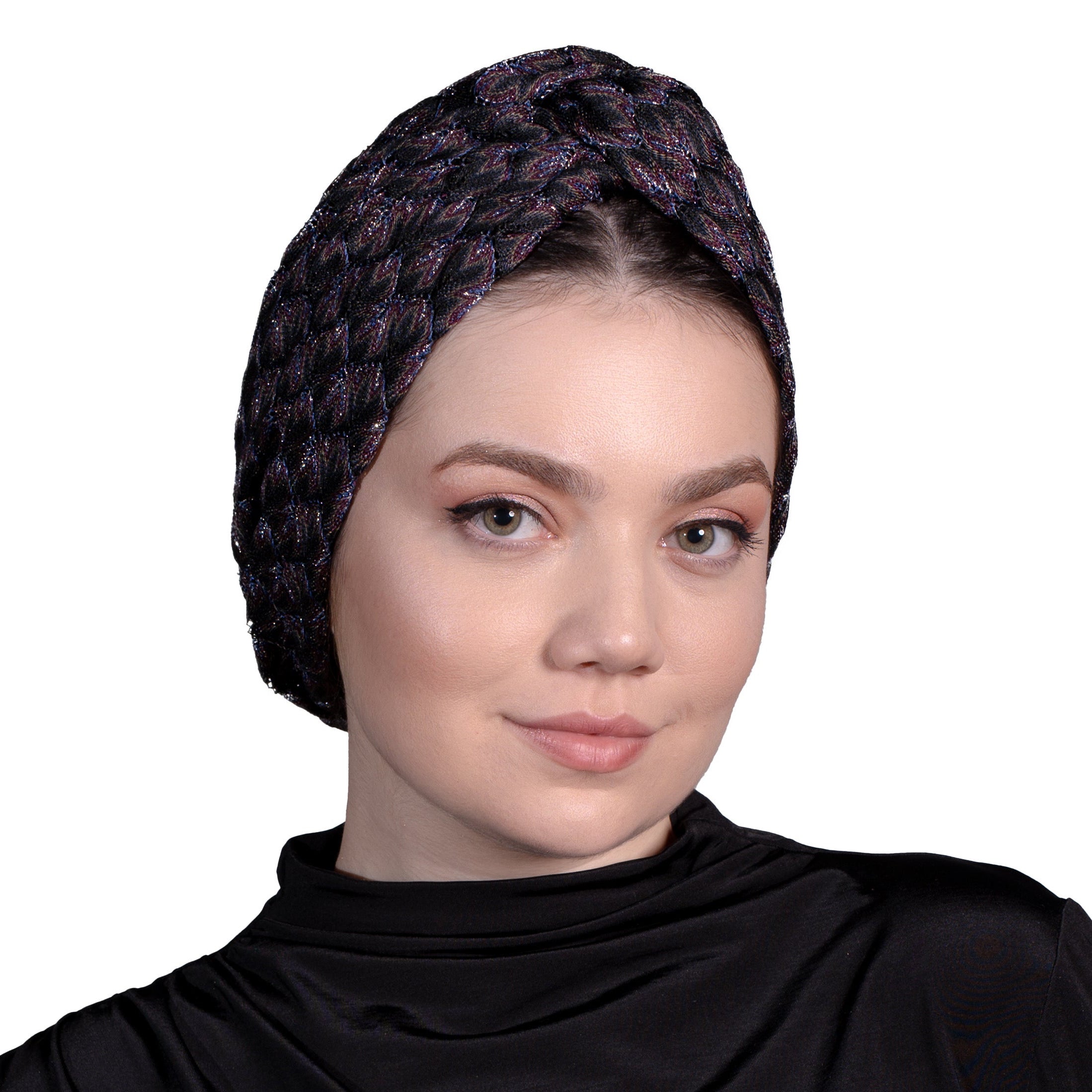 Barcelona Burgulu Bone - Lacivert Renkli - Zikzak Desenli Simli Örme Kumaş