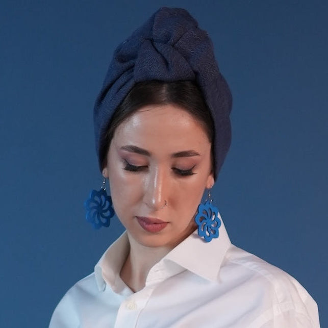 Venüs Düğümlü Bone - Mavi Renkli - Kot Kumaş