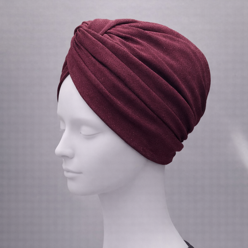 X Burgulu Büzgülü Bone - Bordo Renkli - Simli Jarse Kumaş