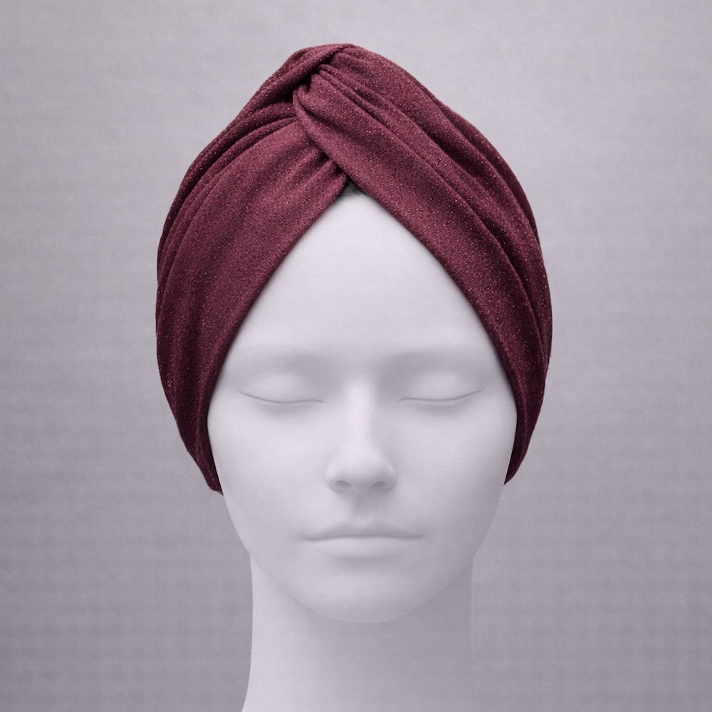 X Burgulu Büzgülü Bone - Bordo Renkli - Simli Jarse Kumaş