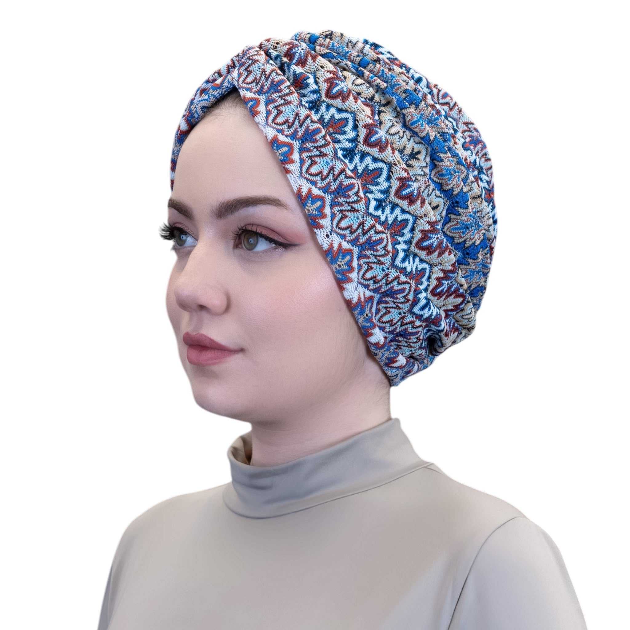 X Burgulu Büzgülü Bone - Çok Renkli - Zikzak Desenli Hafif Örme Kumaş