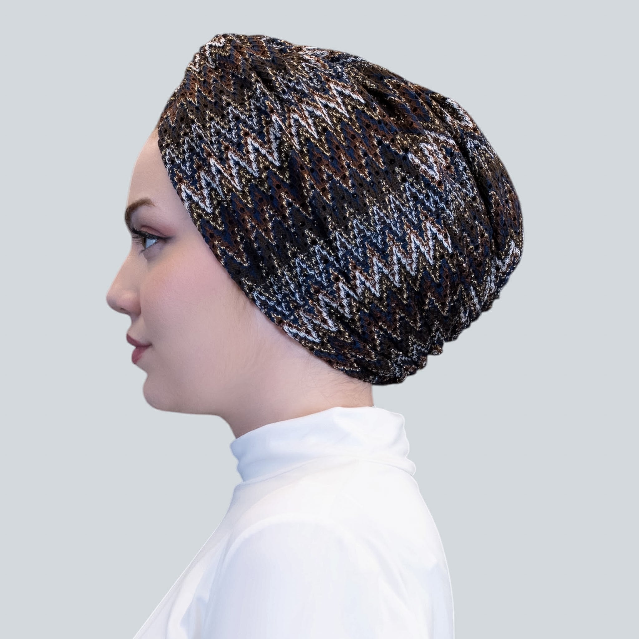 Barcelona Twisted Turban – Brown Zigzag Pattern Knit Fabric