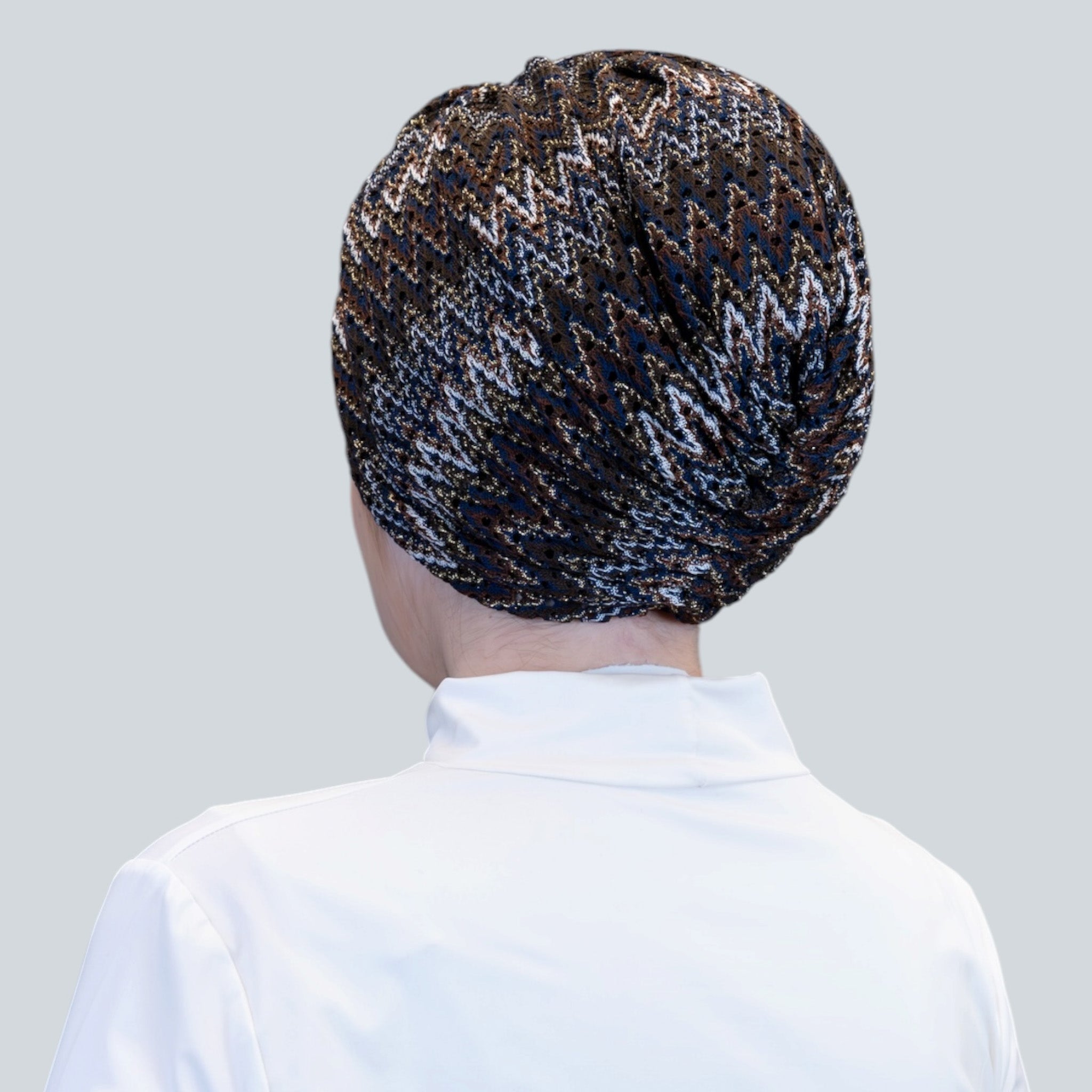 Barcelona Twisted Turban – Brown Zigzag Pattern Knit Fabric