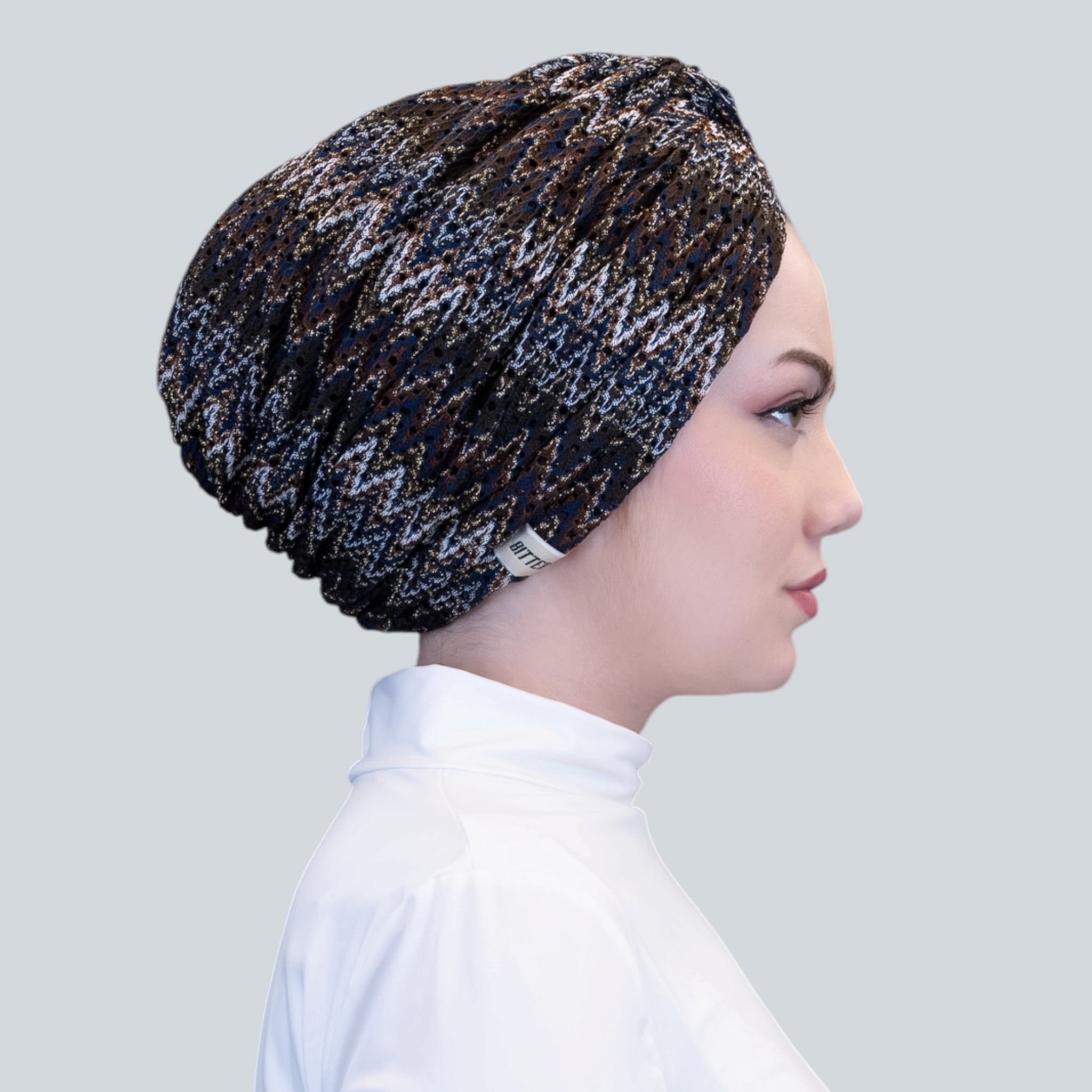 Barcelona Twisted Turban – Brown Zigzag Pattern Knit Fabric