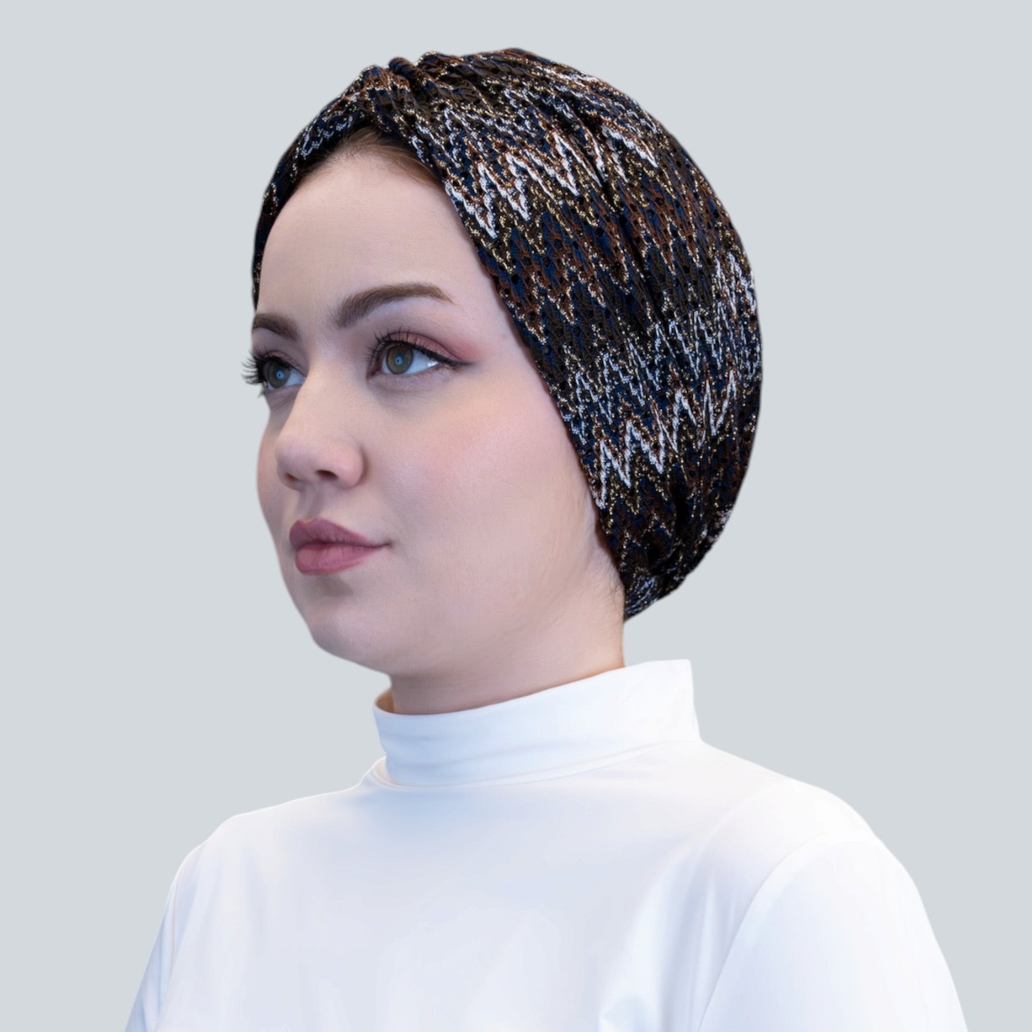 Barcelona Twisted Turban – Brown Zigzag Pattern Knit Fabric
