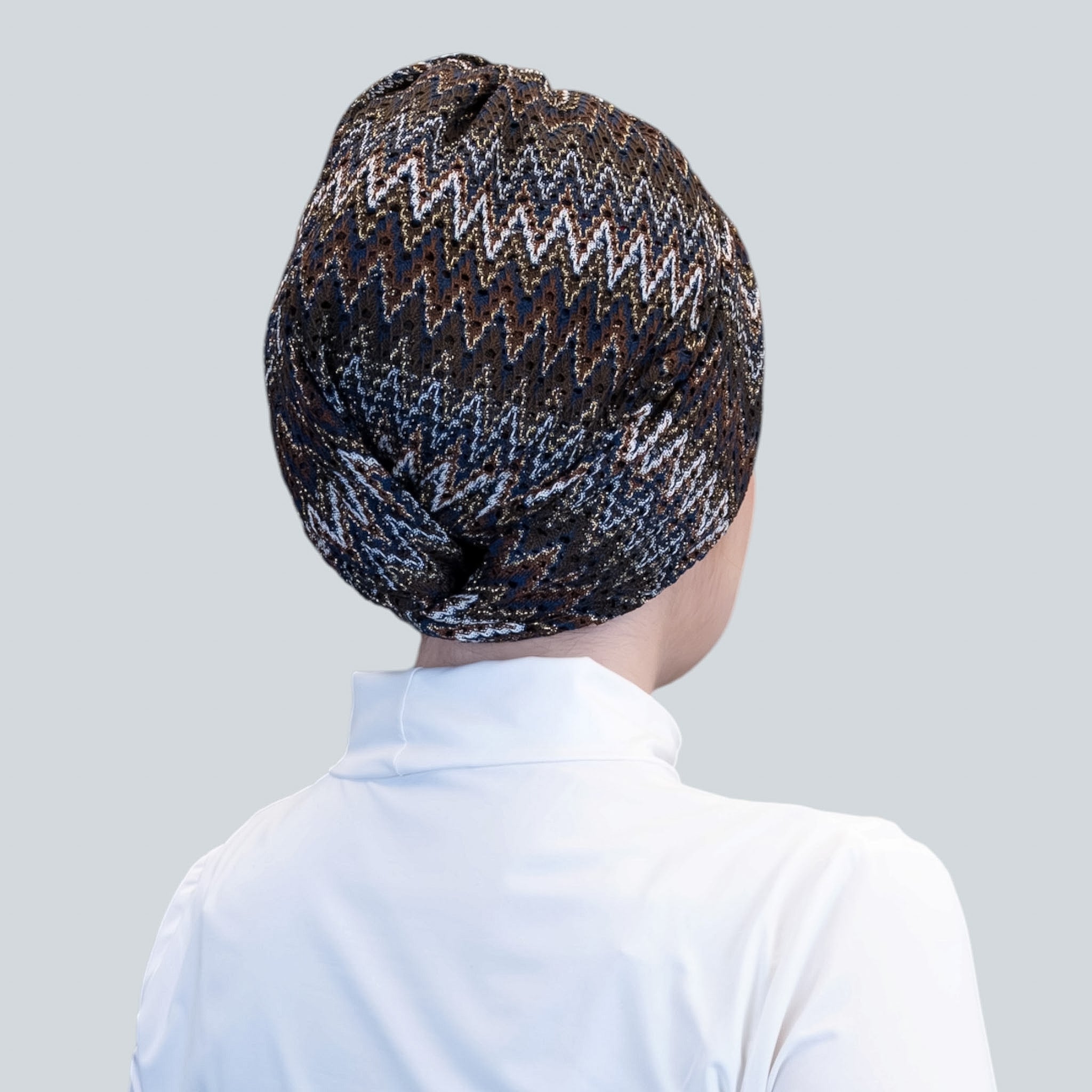 Barcelona Twisted Turban – Brown Zigzag Pattern Knit Fabric