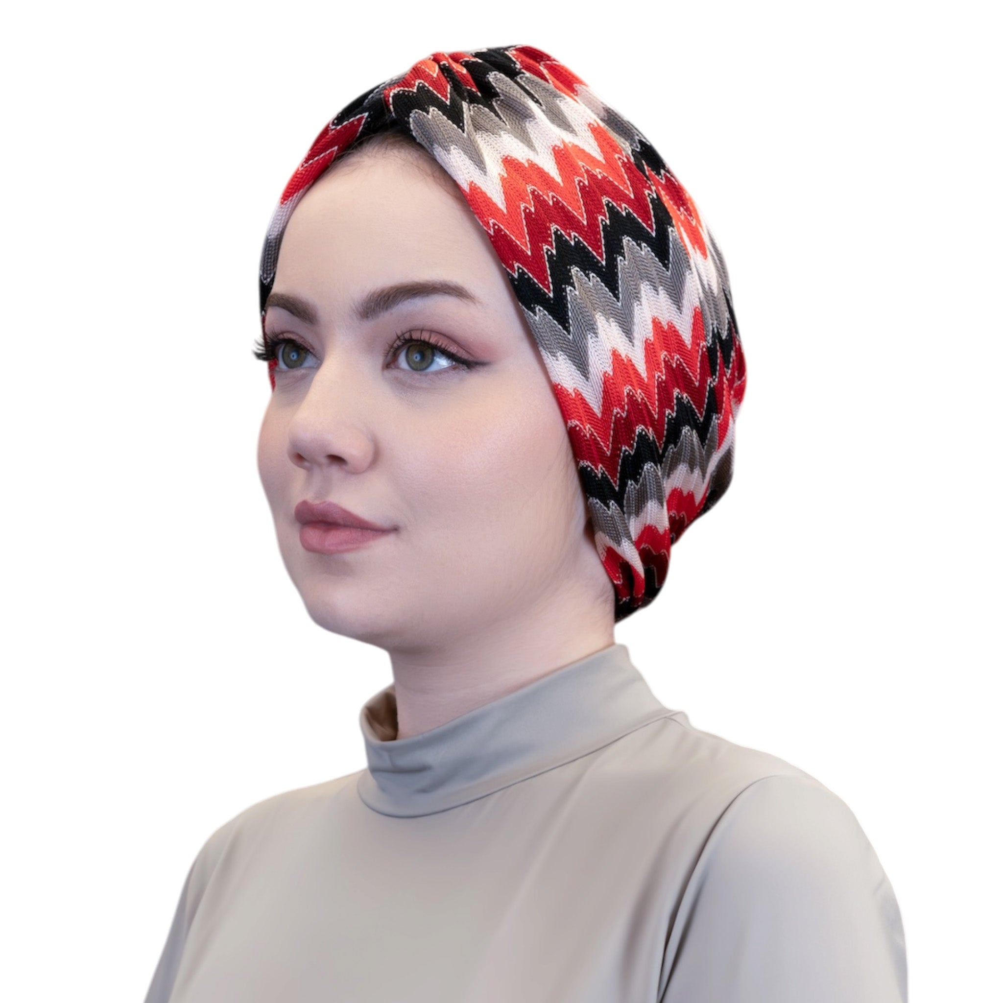 X Burgulu Büzgülü Bone - Kırmızı - Zikzak Desenli Örme Hafif Kumaş
