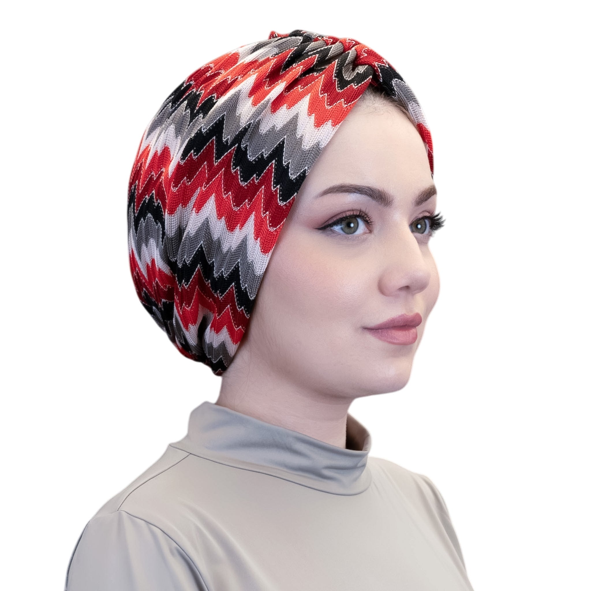 X Burgulu Büzgülü Bone - Kırmızı - Zikzak Desenli Örme Hafif Kumaş