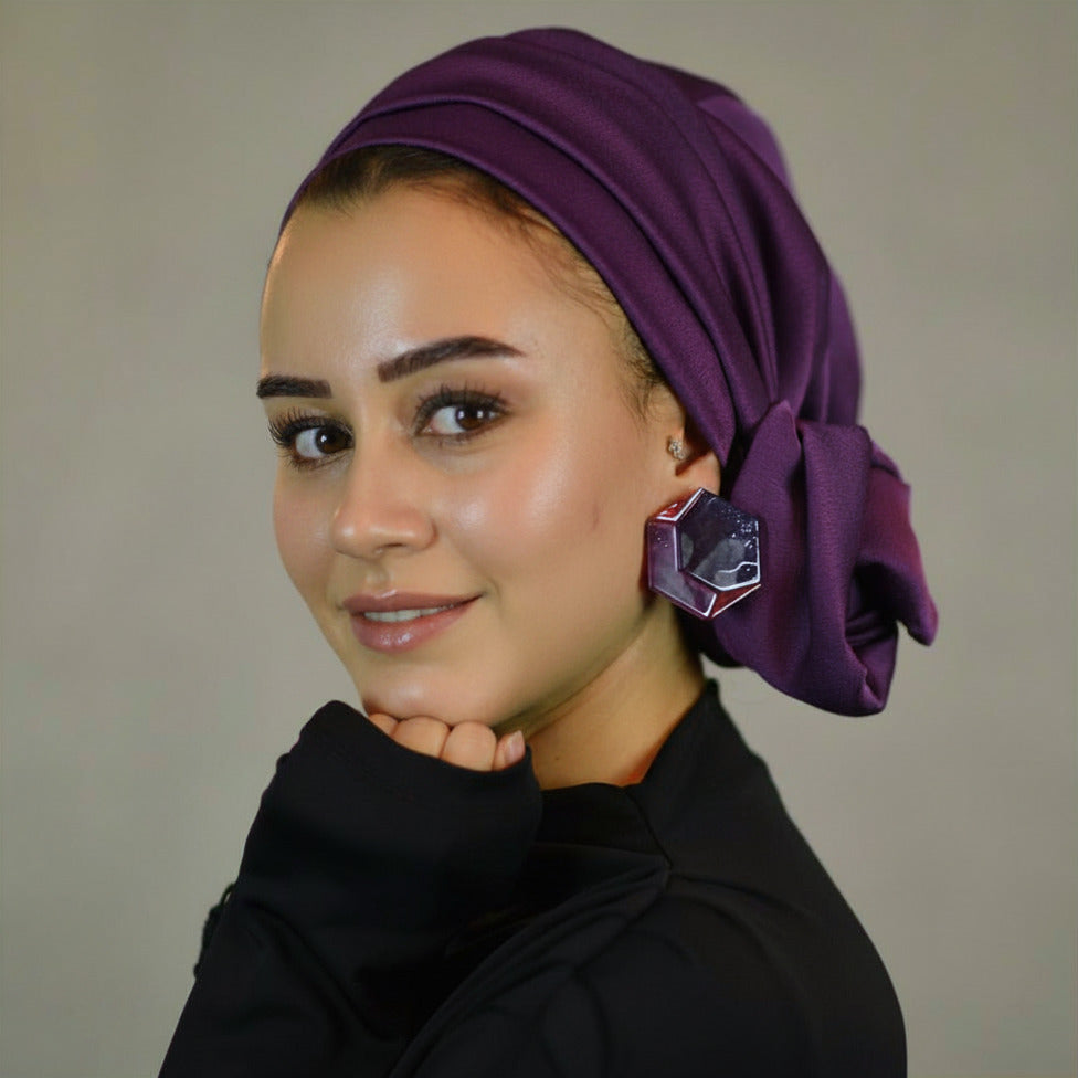 Dubai Bağlamalı Bone - Mürdüm - Krep Saten Kumaş